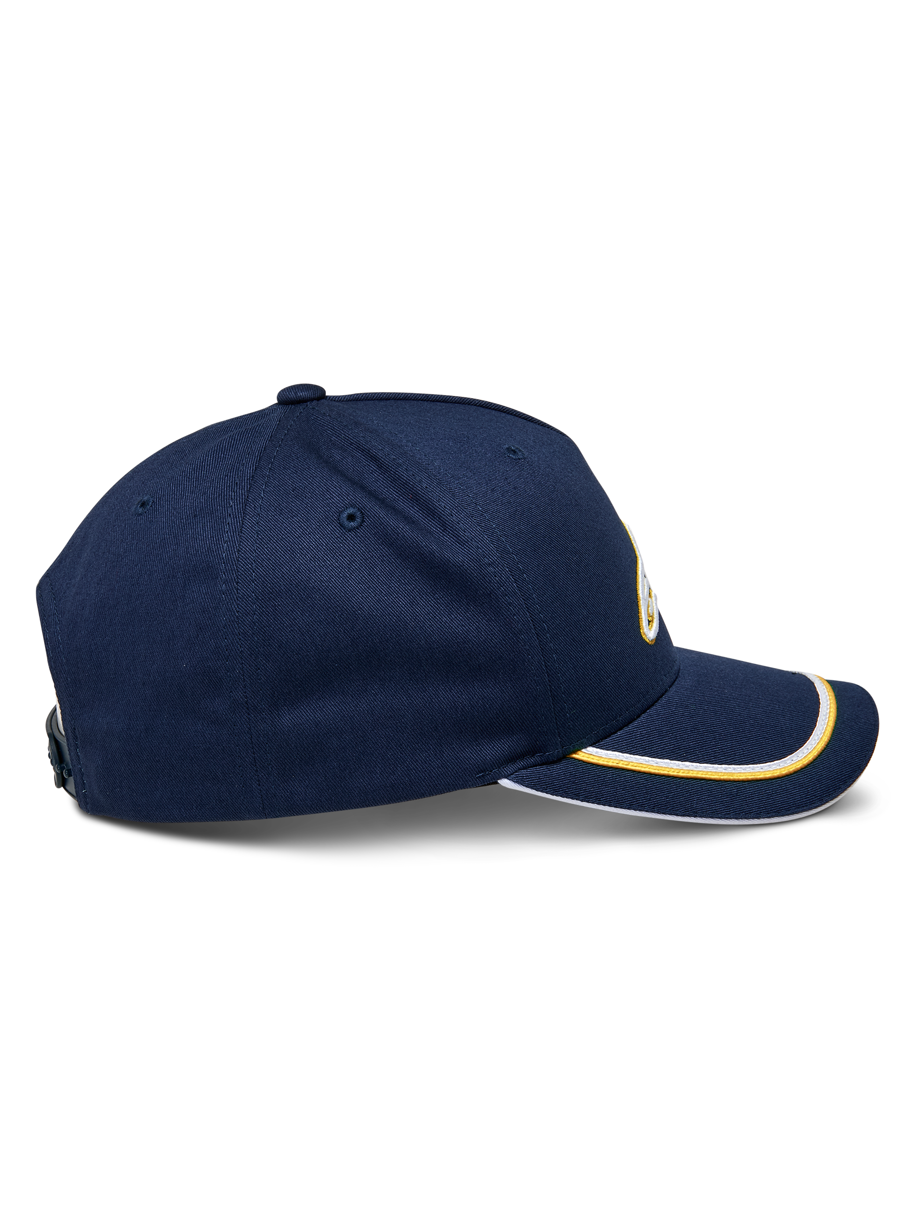 Cappello Snapback Alpinestars Ascension, vista laterale, blu navy con profilo sutache oro e bianco sulla visiera curva, corona strutturata, copricapo casual motorsport