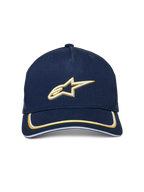 Cappello Snapback Alpinestars Ascension, blu navy e oro, logo Astars 3D ricamato in bianco e oro, visiera curva con doppio profilo sutache, copricapo casual ispirato al motorsport