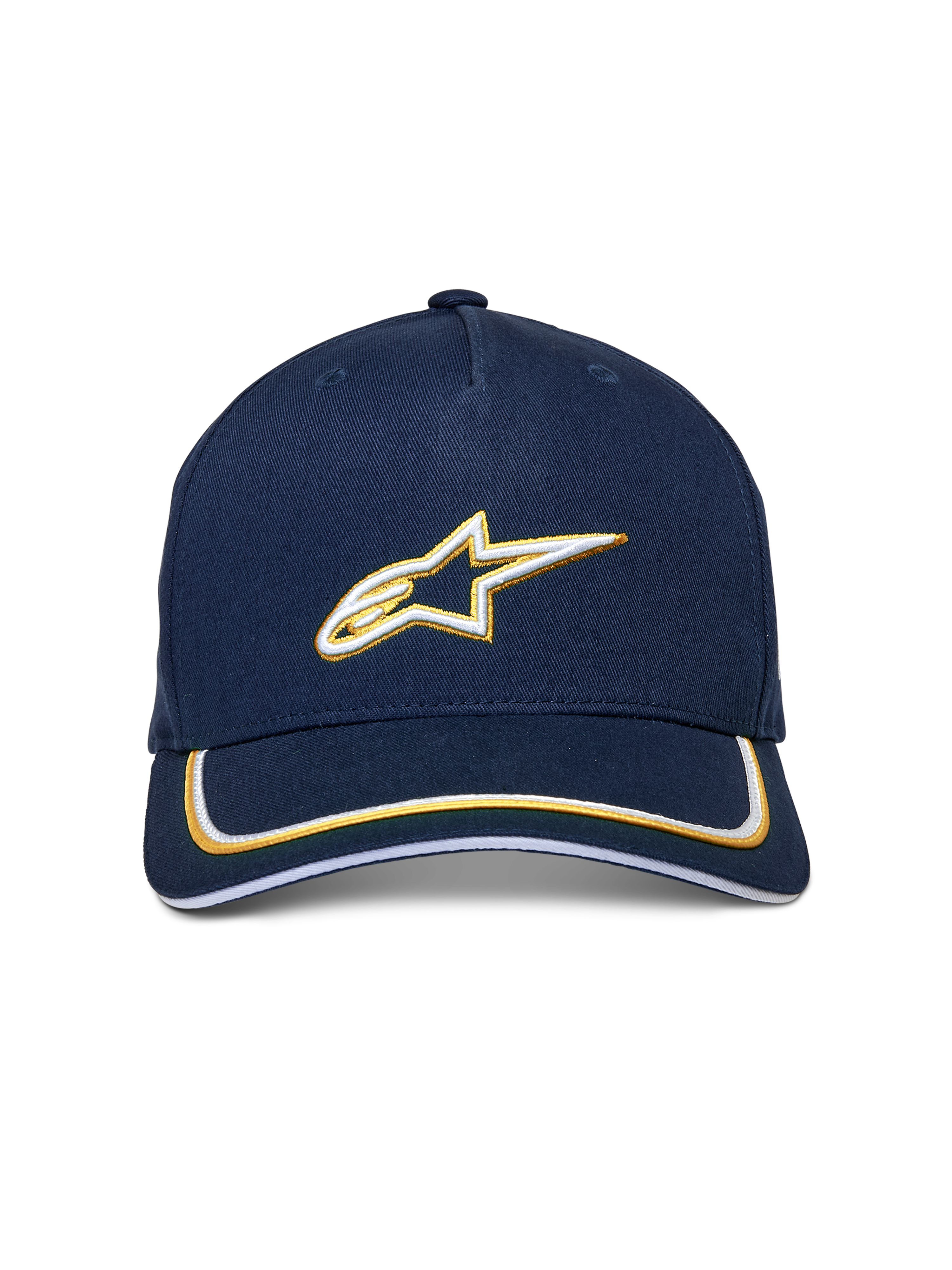 Cappello Snapback Alpinestars Ascension, blu navy e oro, logo Astars 3D ricamato in bianco e oro, visiera curva con doppio profilo sutache, copricapo casual ispirato al motorsport