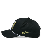 Alpinestars Cappello Snapback Specific, cappello snapback, nero, vista laterale di profilo con visiera curva e bordo in corda intrecciata bianca, logo Astars giallo ricamato sul lato, corona strutturata, copricapo casual