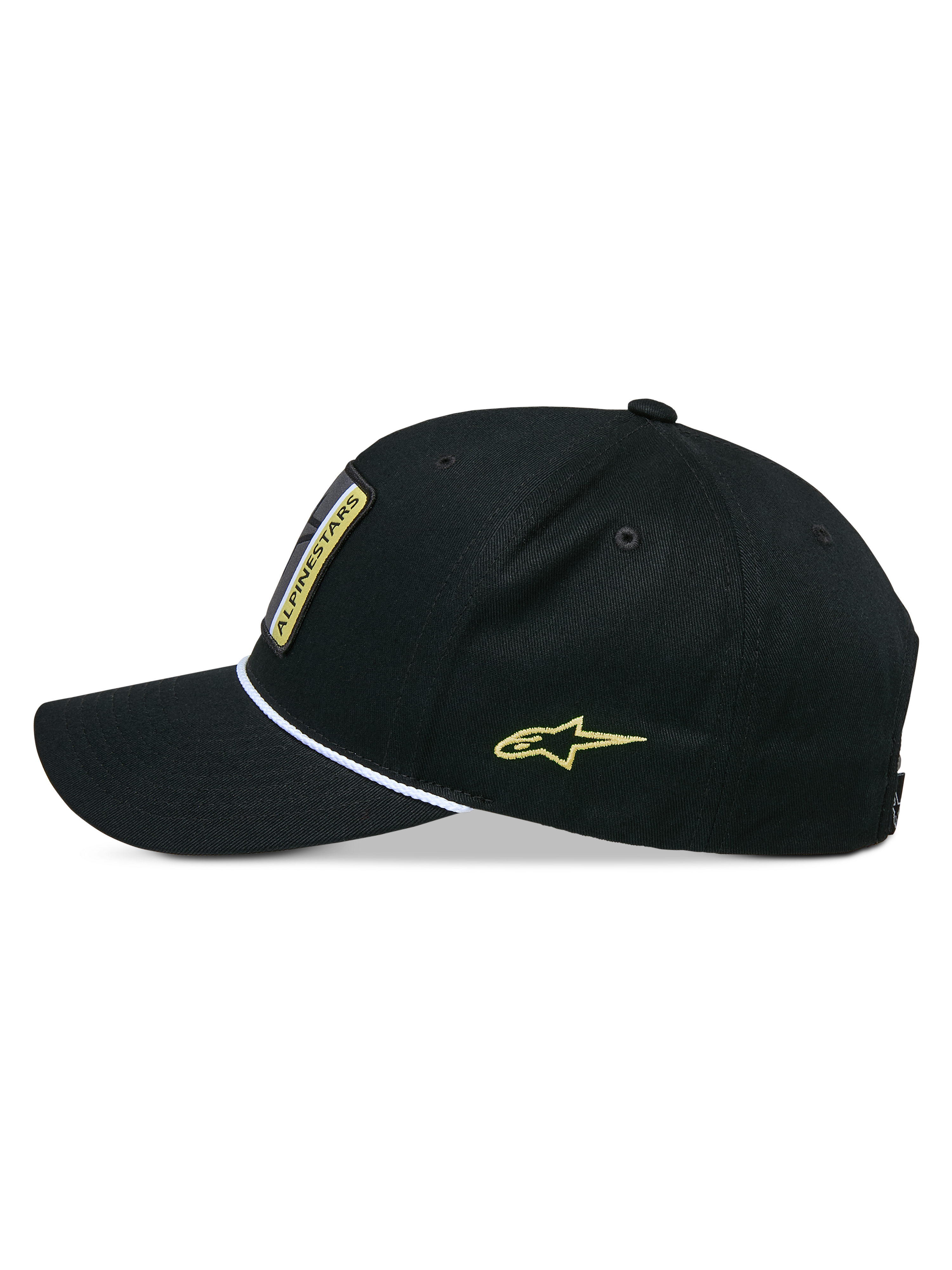 Alpinestars Cappello Snapback Specific, cappello snapback, nero, vista laterale di profilo con visiera curva e bordo in corda intrecciata bianca, logo Astars giallo ricamato sul lato, corona strutturata, copricapo casual