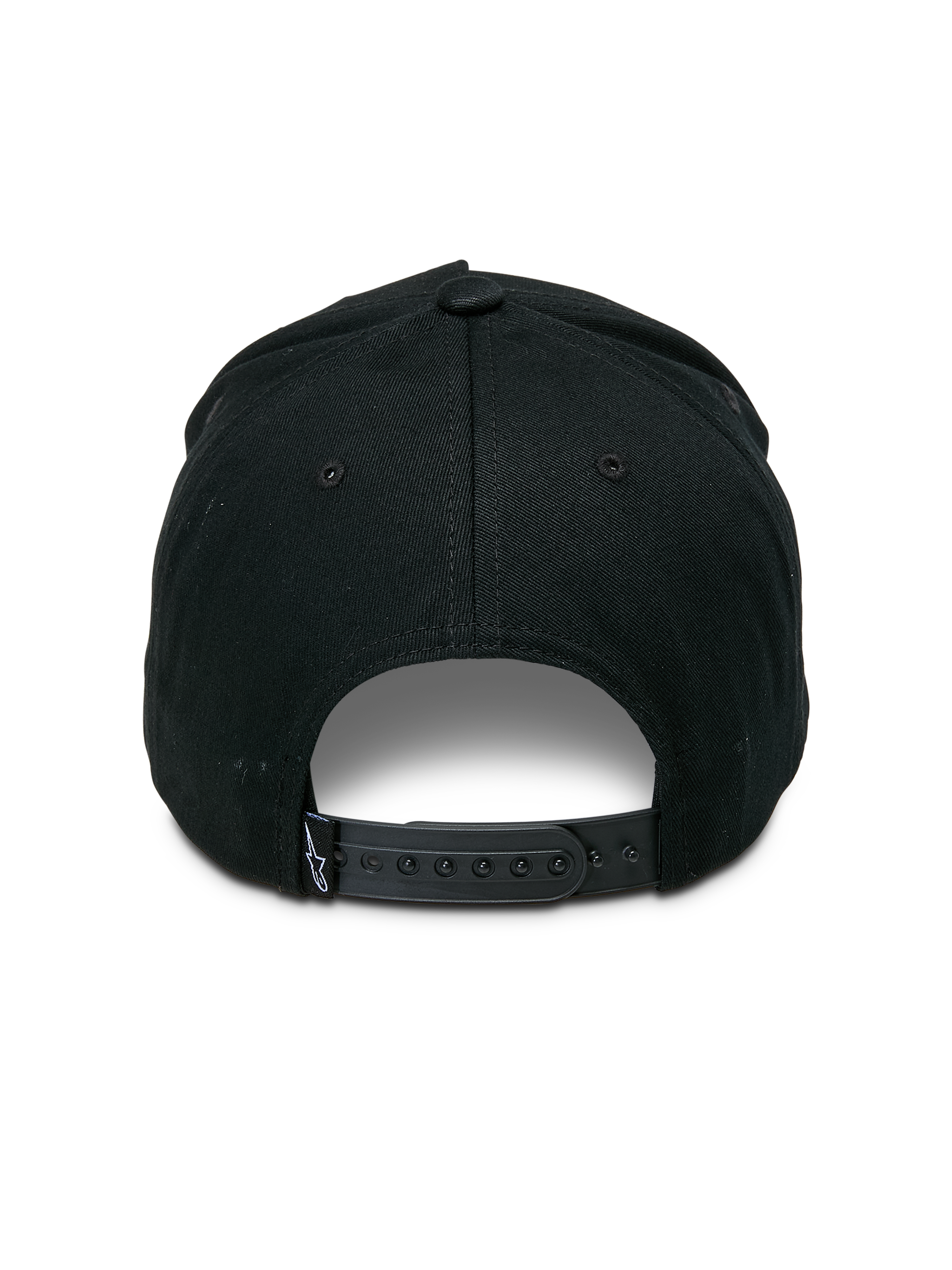 Cappello Snapback Specific Alpinestars, nero, vista posteriore con chiusura snap-back regolabile in plastica e un piccolo logo Astars bianco sull'etichetta posteriore, corona strutturata, copricapo casual da motorsport