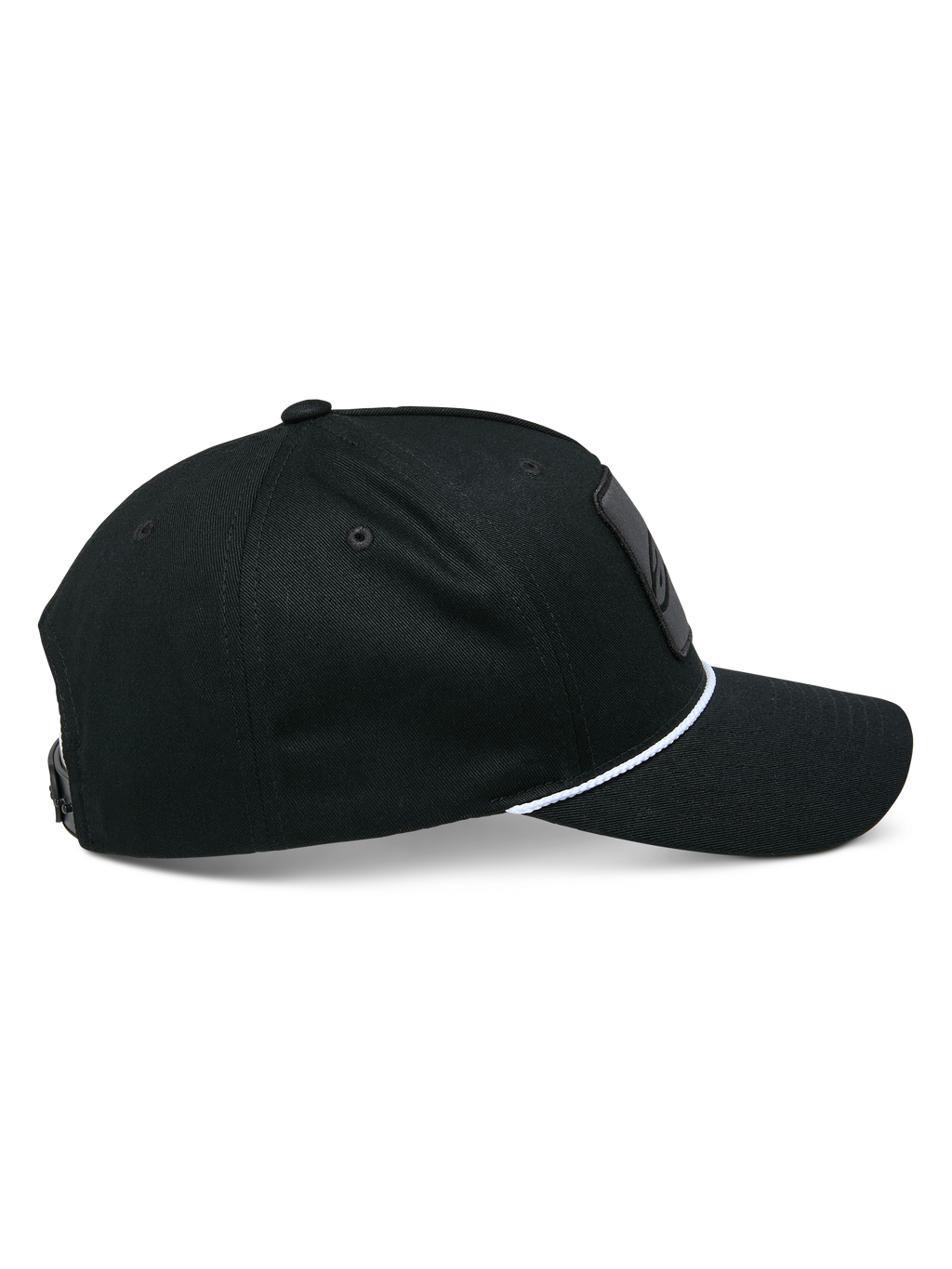Cappello Snapback Specific Alpinestars, nero, vista laterale della visiera curva con corda intrecciata bianca, corona strutturata, copricapo casual da motorsport