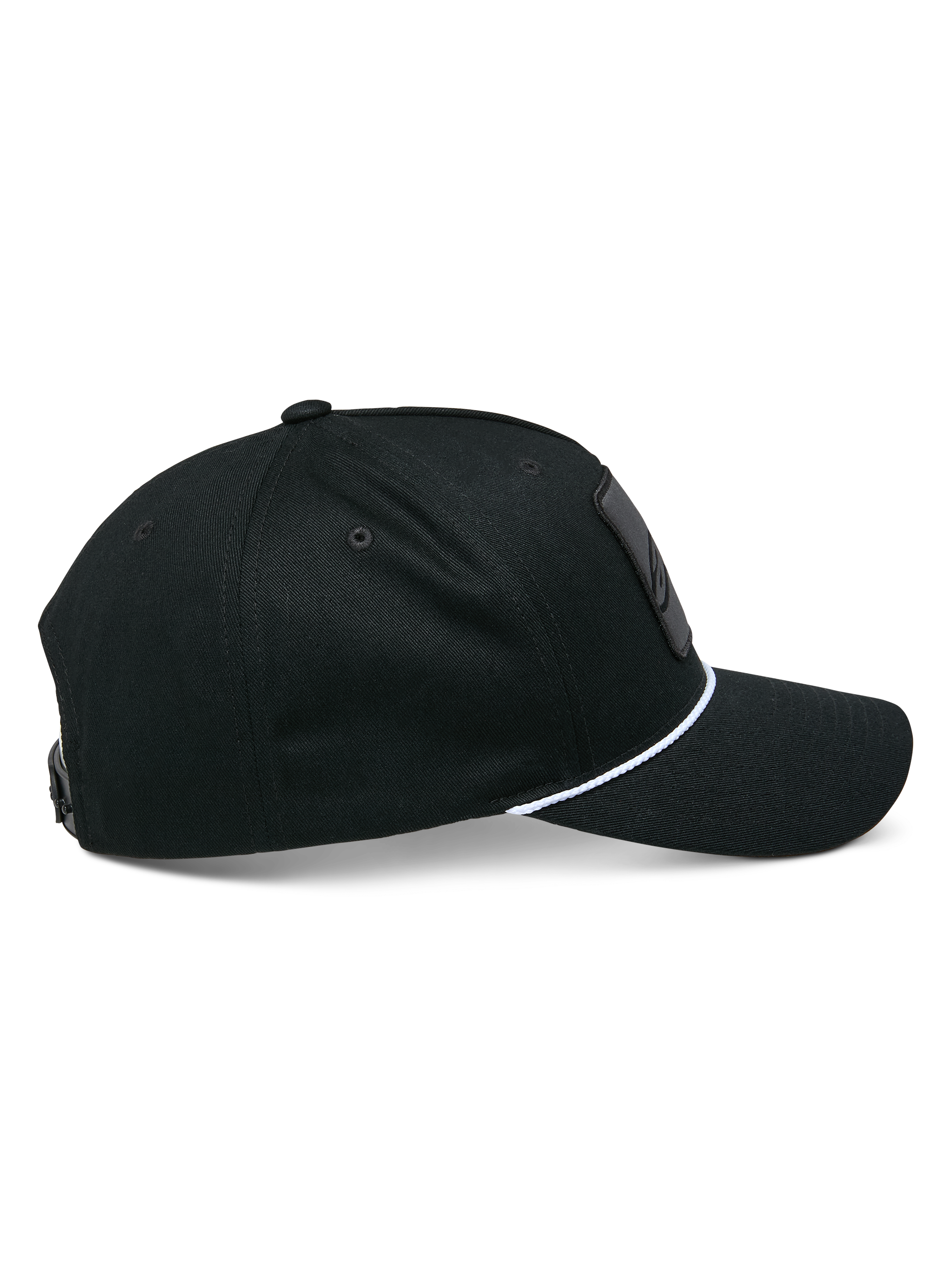 Cappello Snapback Specific Alpinestars, nero, vista laterale della visiera curva con corda intrecciata bianca, corona strutturata, copricapo casual da motorsport