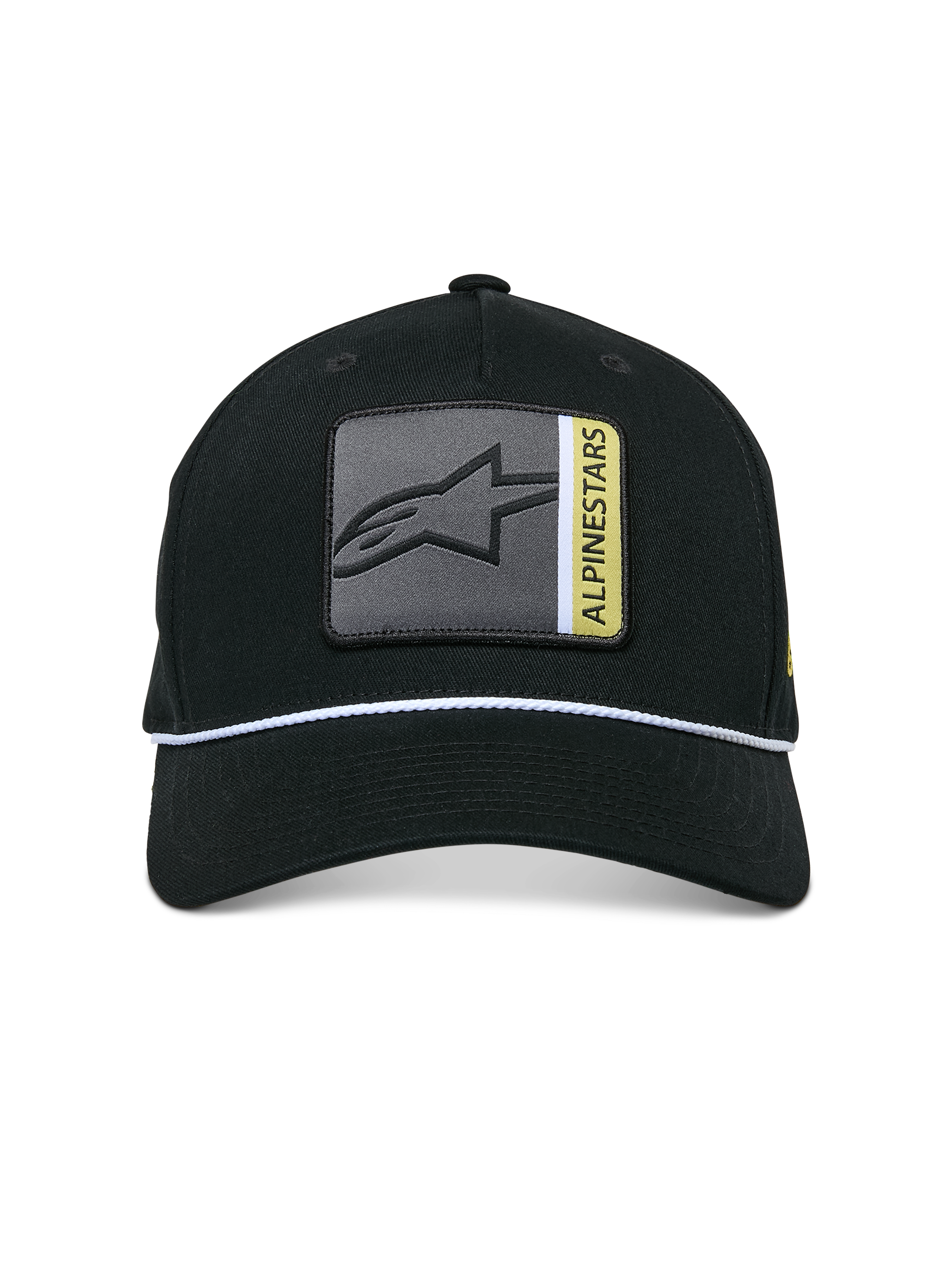 Cappello Snapback Specific Alpinestars, nero, patch frontale con logo Astars multicolore con dettagli grigi e gialli, finitura con corda intrecciata bianca, visiera curva, corona strutturata, stile casual streetwear