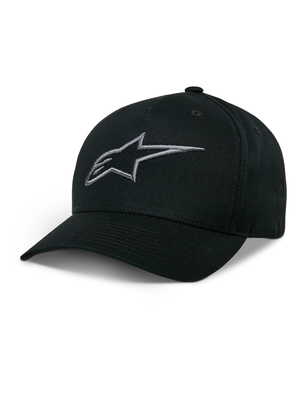 Alpinestars Cappello Snapback Ageless, cappellino da baseball nero con logo stella ricamato grigio antracite, visiera curva, corona strutturata, copricapo casual motorsport