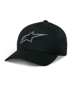 Alpinestars Cappello Snapback Ageless, cappellino da baseball nero con logo stella ricamato grigio antracite, visiera curva, corona strutturata, copricapo casual motorsport