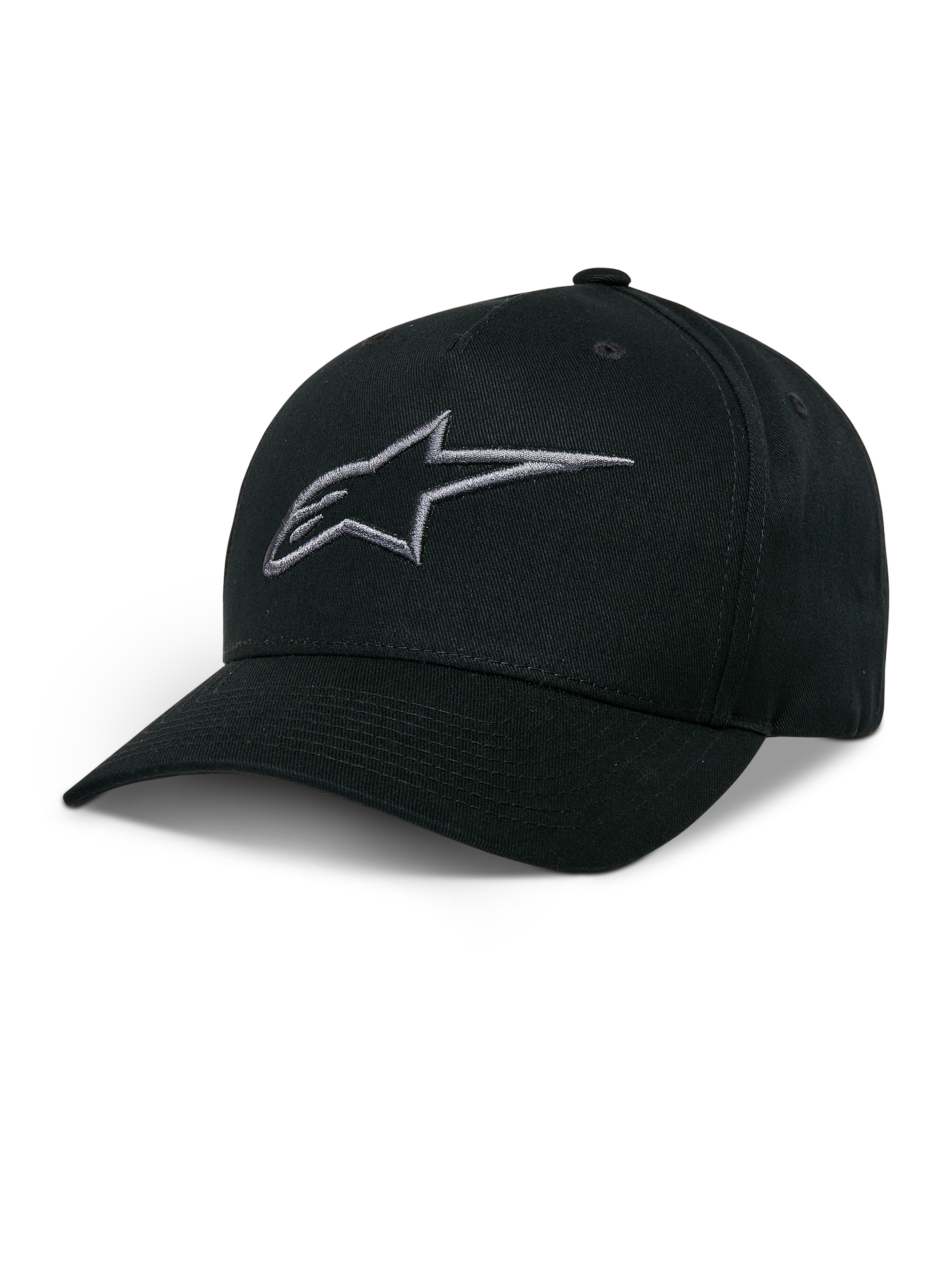 Alpinestars Cappello Snapback Ageless, cappellino da baseball nero con logo stella ricamato grigio antracite, visiera curva, corona strutturata, copricapo casual motorsport