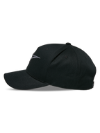 Cappello Snapback Ageless Alpinestars, profilo laterale, nero charcoal, visiera curva con corona strutturata, logo ricamato in 3D sul davanti, tessuto principale in twill di cotone, copricapo casual da motorsport