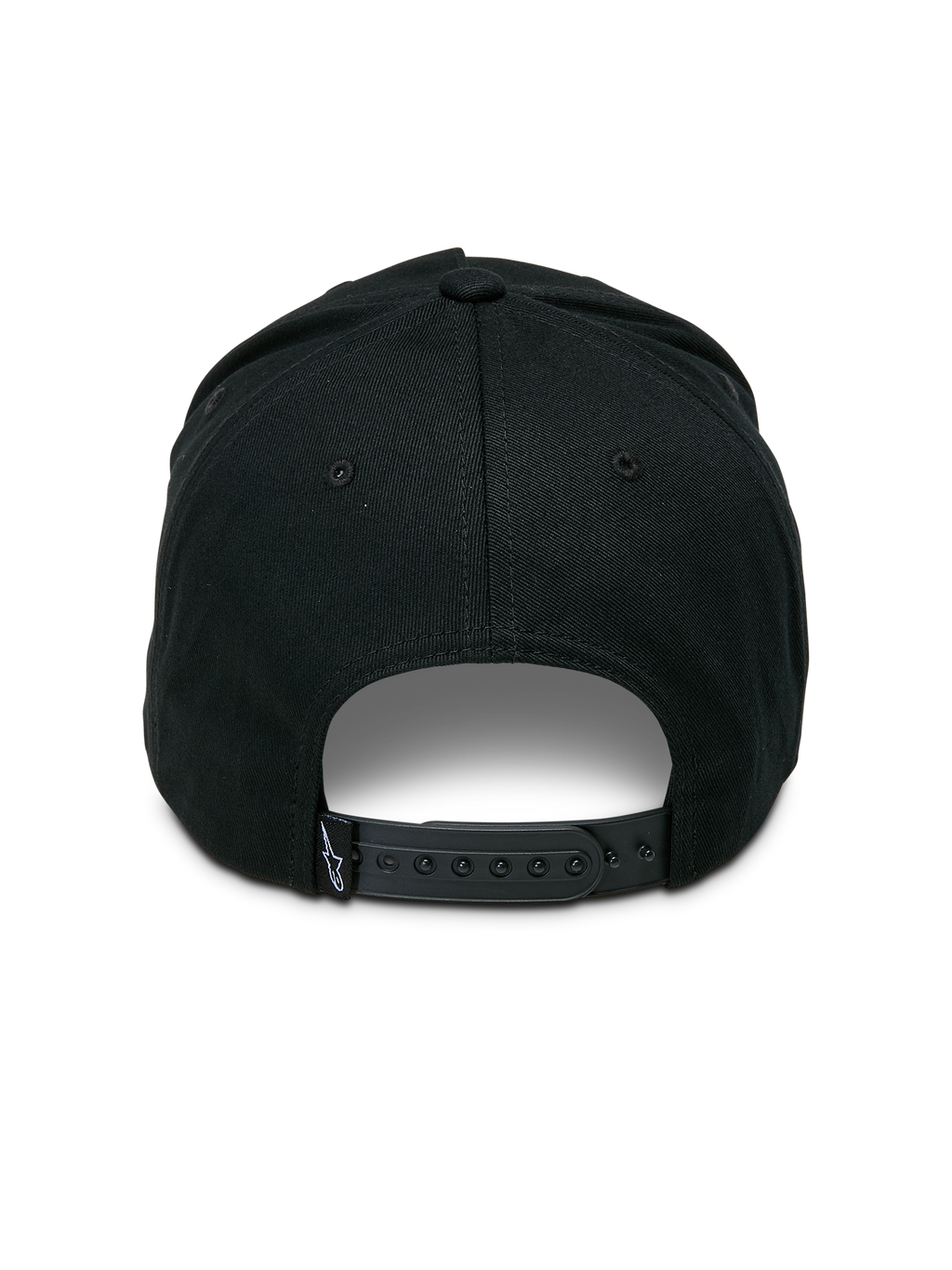 Cappello Snapback Ageless Alpinestars, nero, vista posteriore con chiusura snapback regolabile, piccola etichetta in tessuto con logo a stella, corona strutturata in twill di cotone, copricapo casual ispirato al motorsport