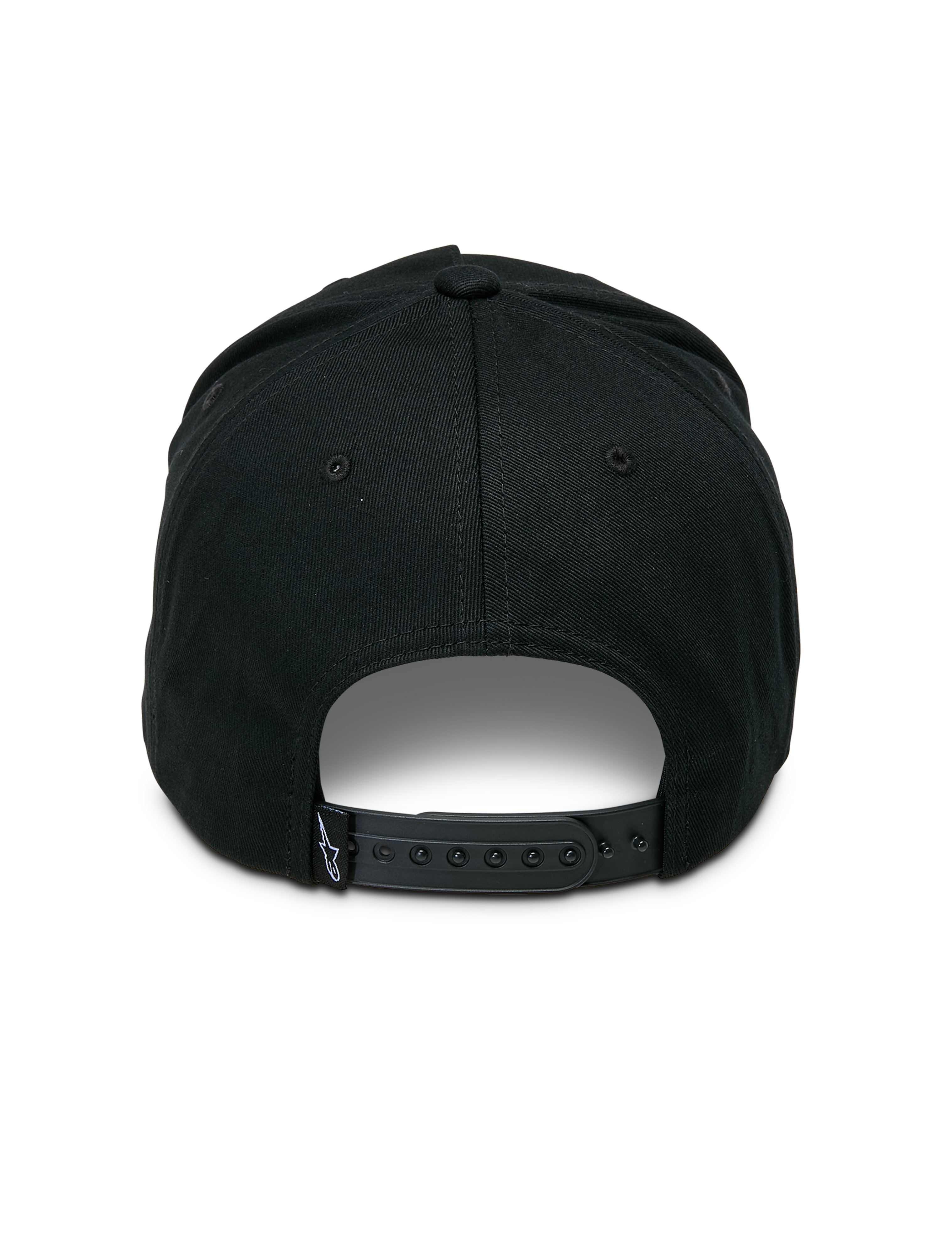 Cappello Snapback Ageless Alpinestars, nero, vista posteriore con chiusura snapback regolabile, piccola etichetta in tessuto con logo a stella, corona strutturata in twill di cotone, copricapo casual ispirato al motorsport