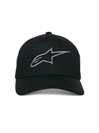 Cappello Snapback Alpinestars Ageless, nero charcoal, visiera curva, corona strutturata, logo lineare ricamato in 3D, copricapo casual ispirato al motorsport