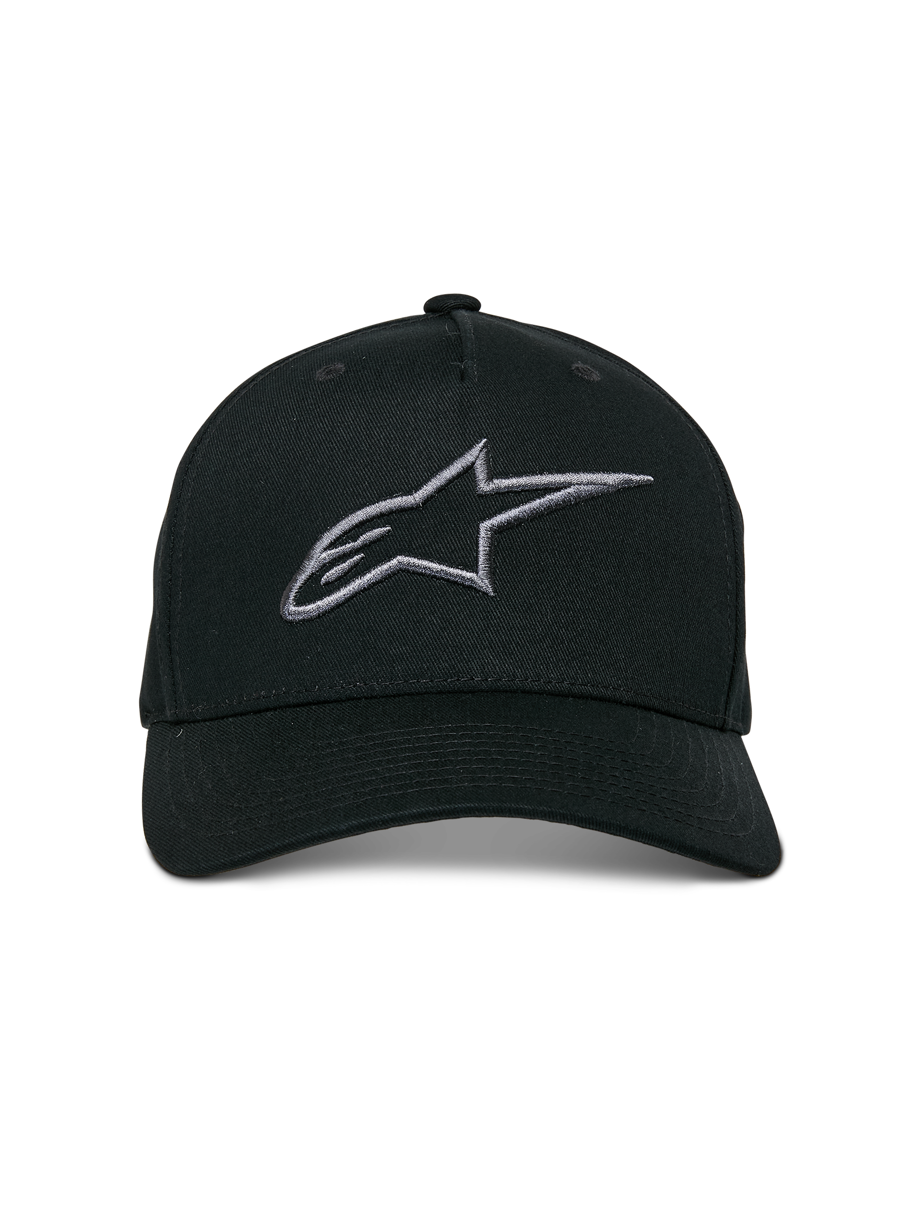 Cappello Snapback Alpinestars Ageless, nero charcoal, visiera curva, corona strutturata, logo lineare ricamato in 3D, copricapo casual ispirato al motorsport