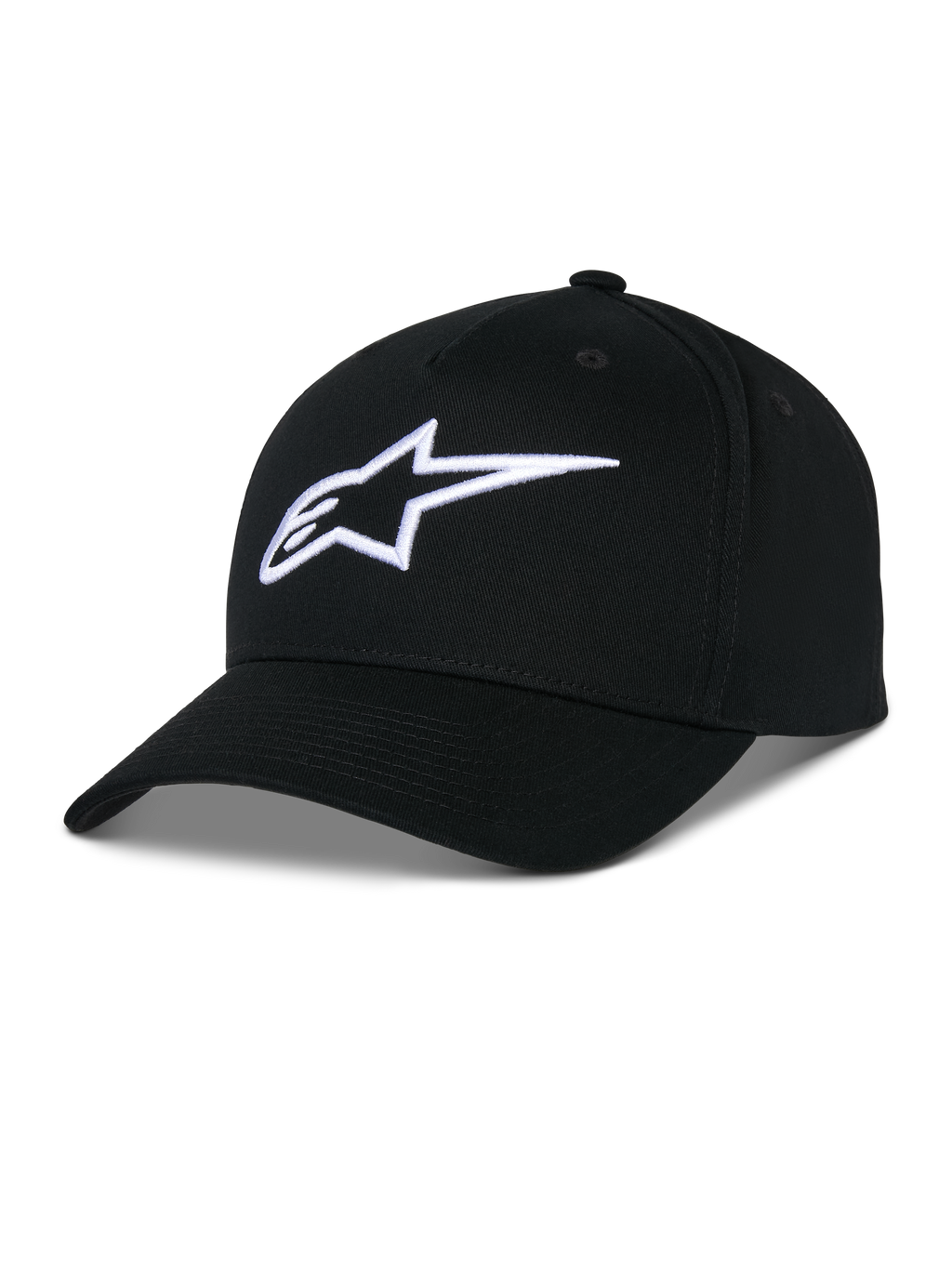 Alpinestars Ageless Snapback Hat, cappello in twill di cotone nero, corona strutturata con visiera curva, logo a stella ricamato in 3D bianco, abbigliamento sportivo casual ispirato al motorsport