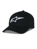 Alpinestars Ageless Snapback Hat, cappello in twill di cotone nero, corona strutturata con visiera curva, logo a stella ricamato in 3D bianco, abbigliamento sportivo casual ispirato al motorsport