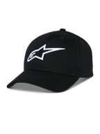 Alpinestars Ageless Snapback Hat, cappello in twill di cotone nero, corona strutturata con visiera curva, logo a stella ricamato in 3D bianco, abbigliamento sportivo casual ispirato al motorsport