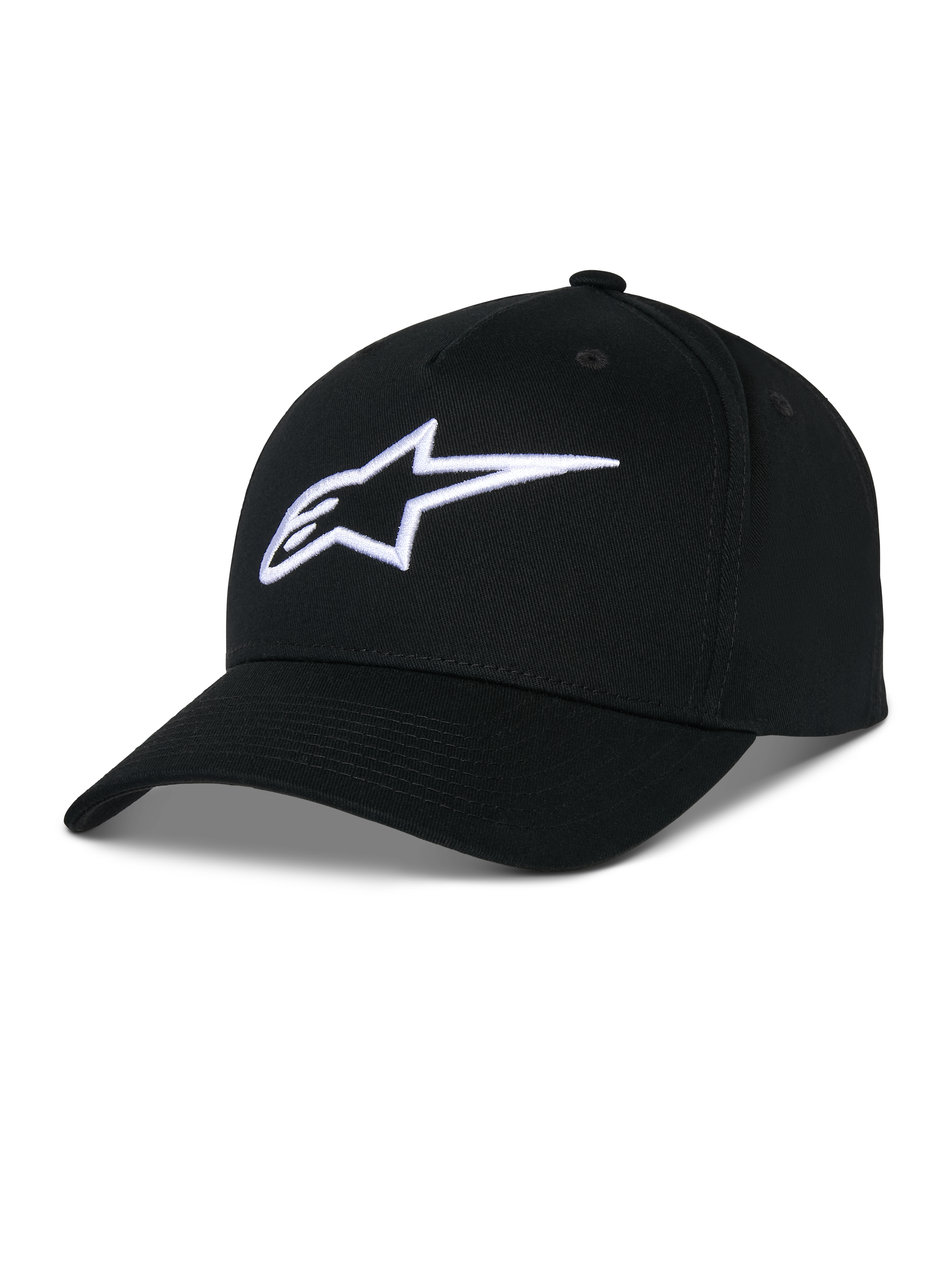 Alpinestars Ageless Snapback Hat, cappello in twill di cotone nero, corona strutturata con visiera curva, logo a stella ricamato in 3D bianco, abbigliamento sportivo casual ispirato al motorsport