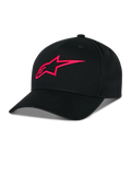 Cappello Alpinestars Ageless Snapback, nero con logo A-star ricamato in 3D rosso, corona strutturata con visiera curva, tessuto in twill di cotone, accessorio sportswear casual