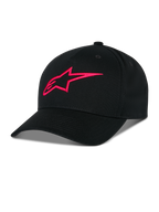 Cappello Alpinestars Ageless Snapback, nero con logo A-star ricamato in 3D rosso, corona strutturata con visiera curva, tessuto in twill di cotone, accessorio sportswear casual