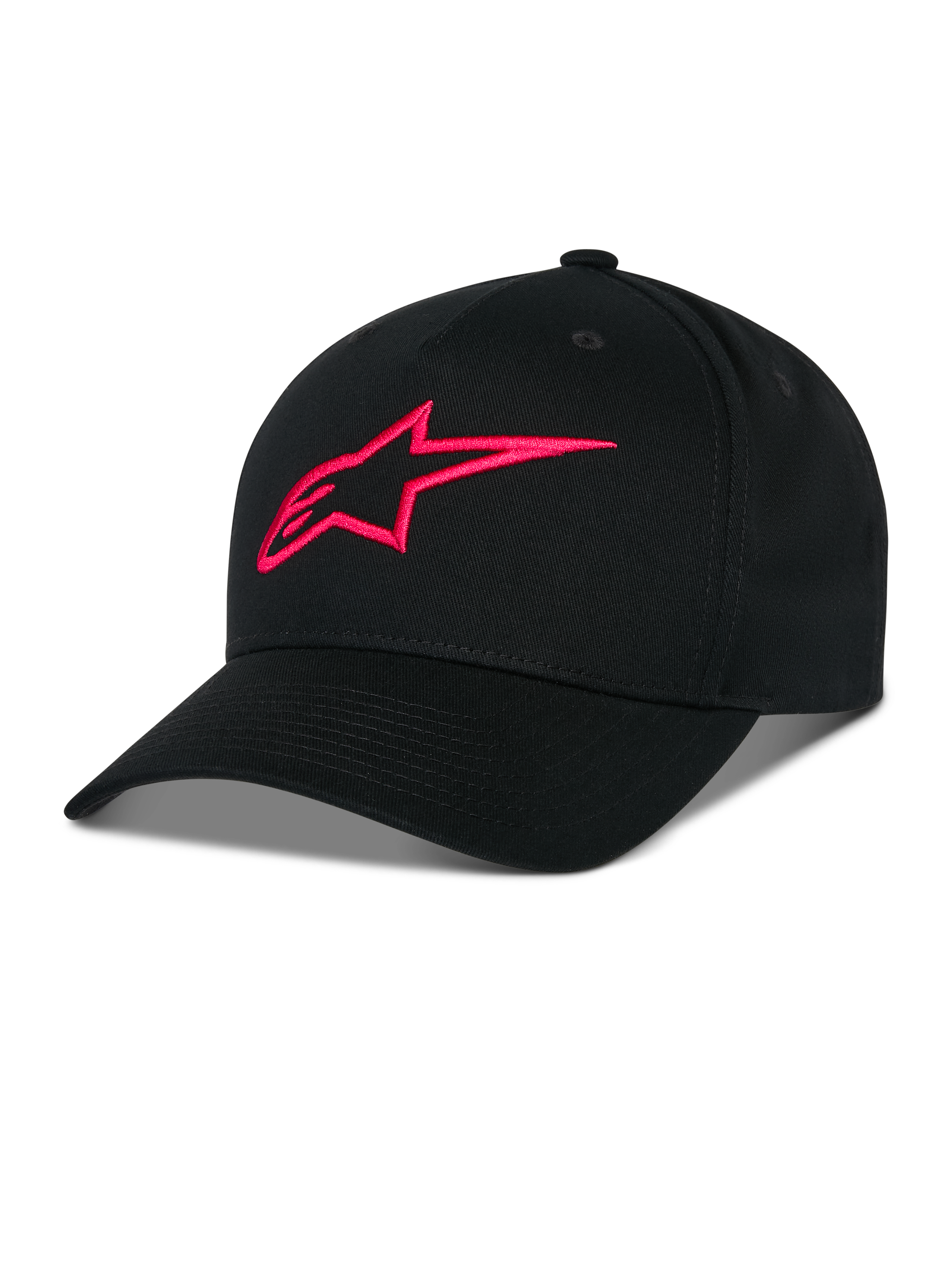 Cappello Alpinestars Ageless Snapback, nero con logo A-star ricamato in 3D rosso, corona strutturata con visiera curva, tessuto in twill di cotone, accessorio sportswear casual