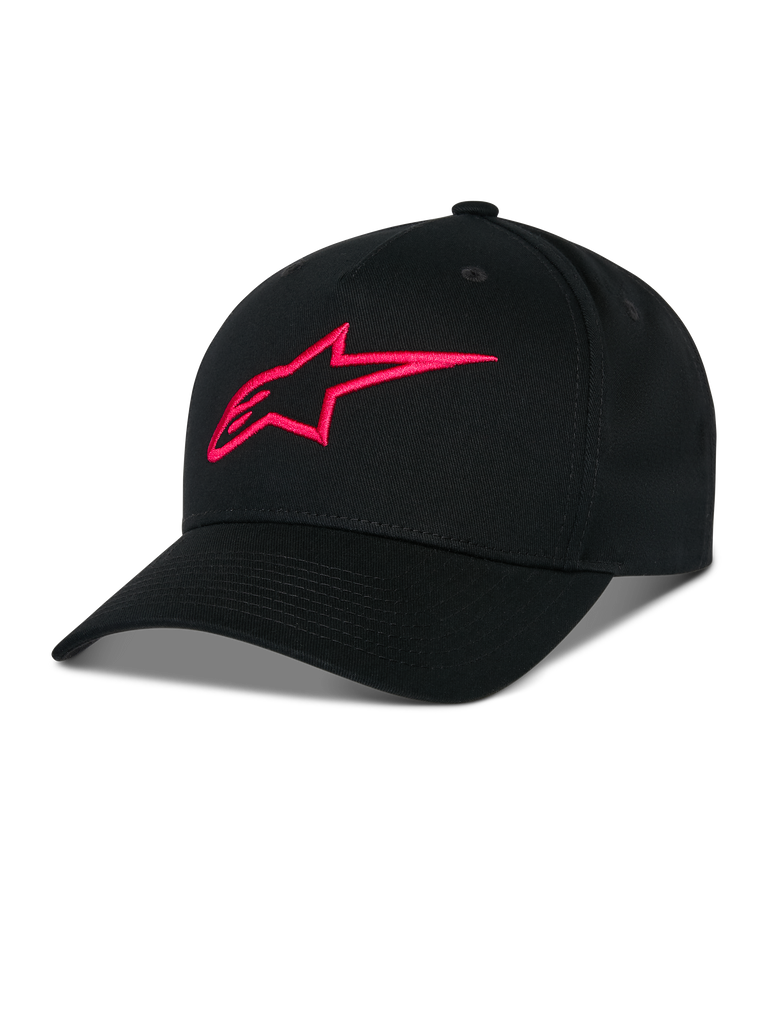 Cappello Alpinestars Ageless Snapback, nero con logo A-star ricamato in 3D rosso, corona strutturata con visiera curva, tessuto in twill di cotone, accessorio sportswear casual