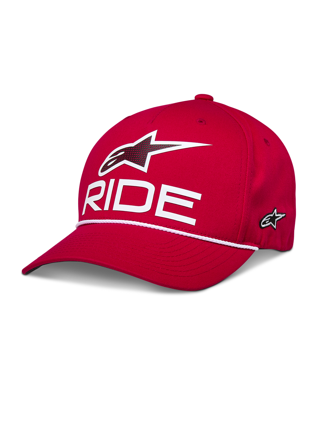 Alpinestars Ride Comp Snapback Hat, cappellino rosso con logo Astars 3D e scritta RIDE bianchi, visiera curva con rifinitura in corda intrecciata bianca, corona strutturata, abbigliamento sportivo casual