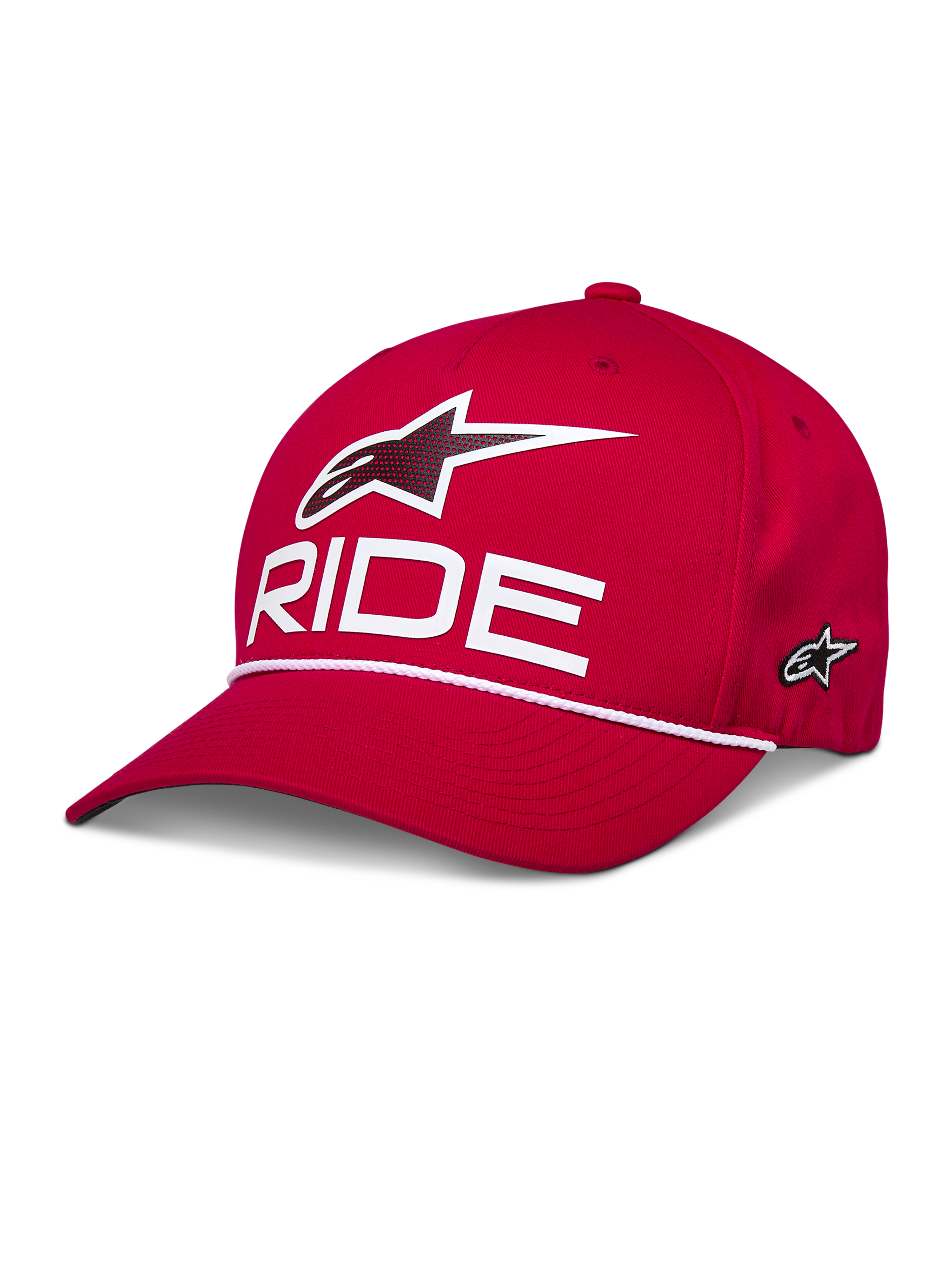 Alpinestars Ride Comp Snapback Hat, cappellino rosso con logo Astars 3D e scritta RIDE bianchi, visiera curva con rifinitura in corda intrecciata bianca, corona strutturata, abbigliamento sportivo casual