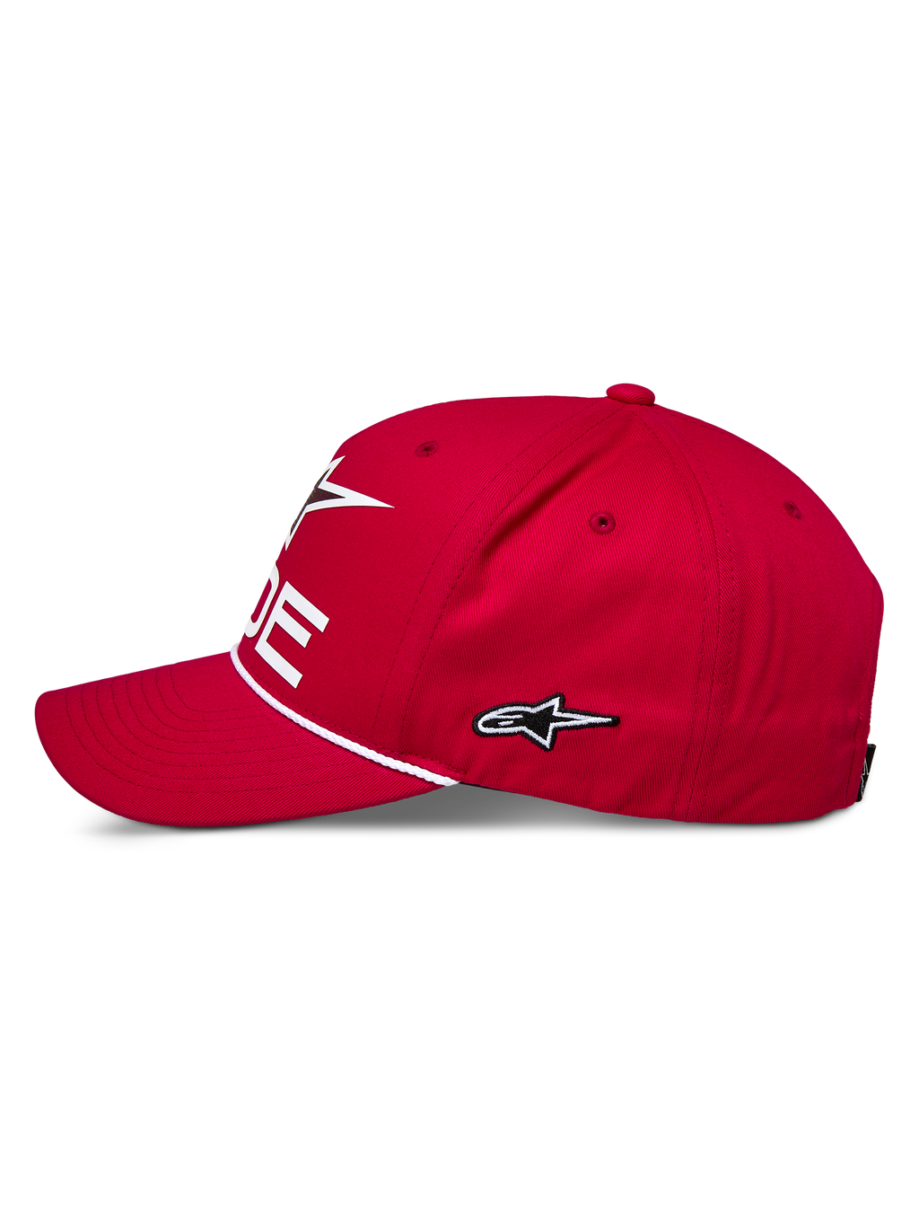 Cappello Snapback Ride Comp Alpinestars, rosso, profilo laterale, logo a stella bianco ricamato, finitura con corda intrecciata, visiera curva, abbigliamento sportivo casual da motorsport