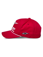 Cappello Snapback Ride Comp Alpinestars, rosso, profilo laterale, logo a stella bianco ricamato, finitura con corda intrecciata, visiera curva, abbigliamento sportivo casual da motorsport