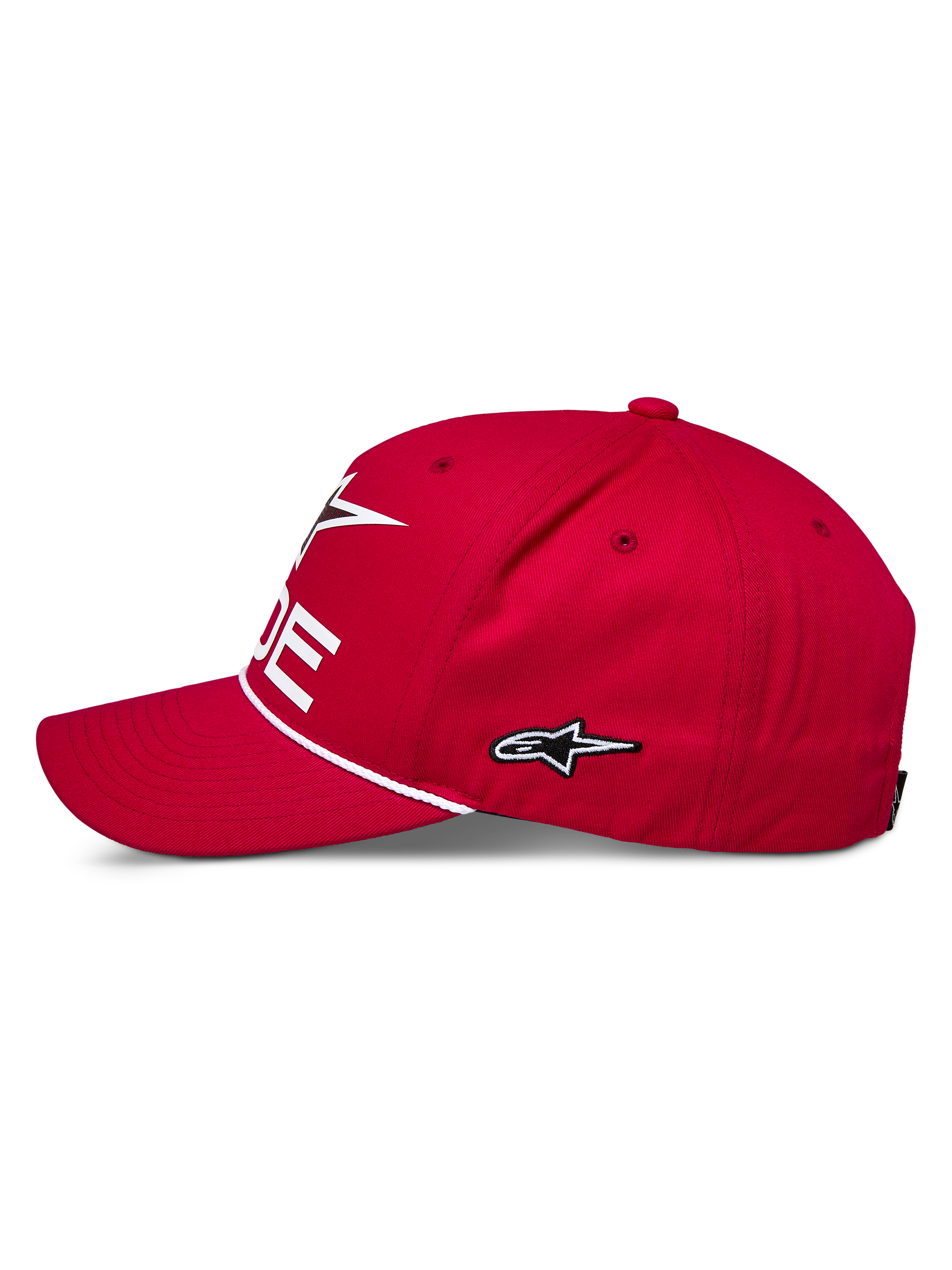 Cappello Snapback Ride Comp Alpinestars, rosso, profilo laterale, logo a stella bianco ricamato, finitura con corda intrecciata, visiera curva, abbigliamento sportivo casual da motorsport