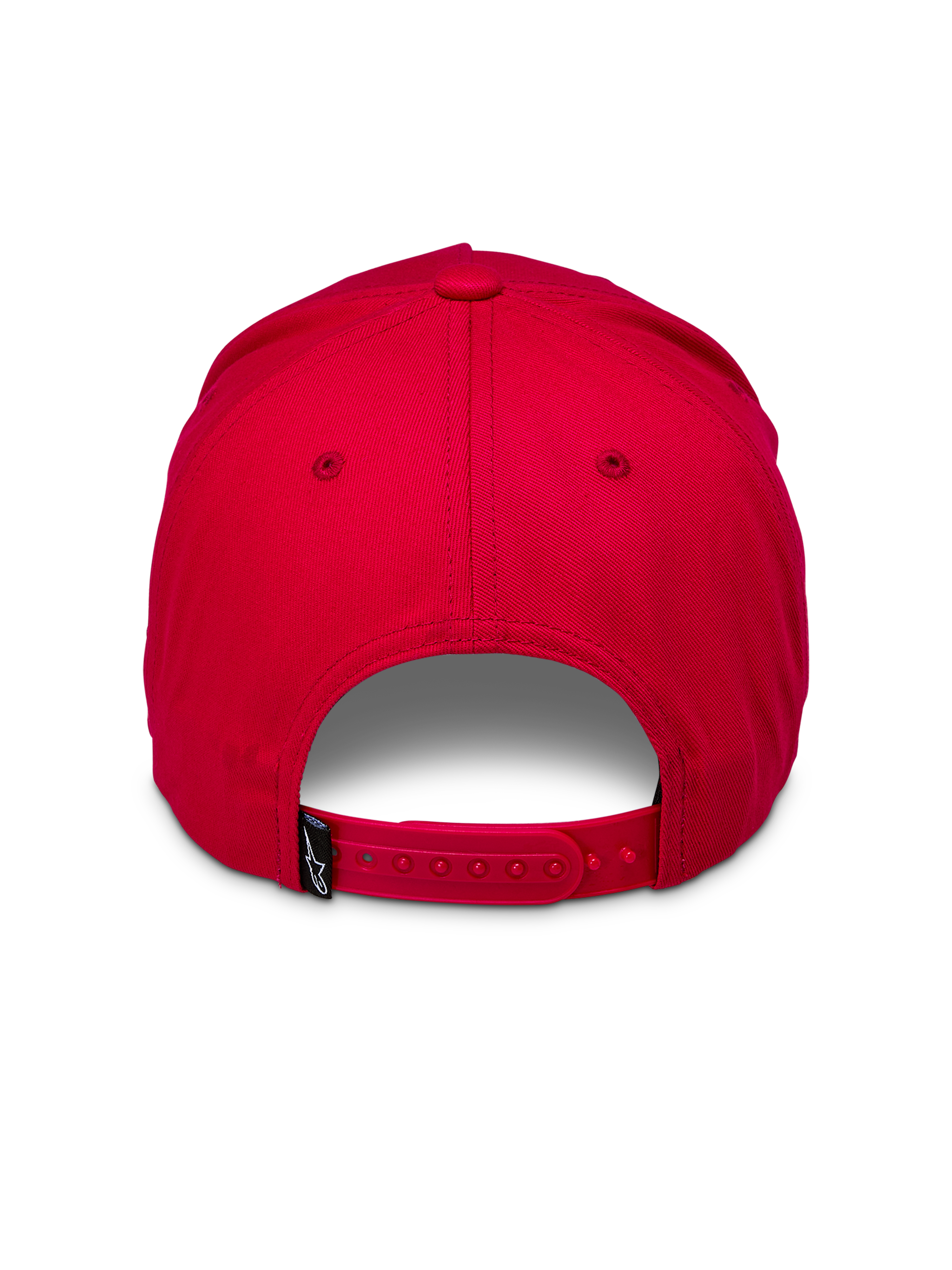 Cappello Snapback Alpinestars Ride Comp, rosso, vista posteriore con chiusura snapback regolabile rossa e piccola etichetta tessuta nera con logo bianco, corona strutturata, copricapo casual