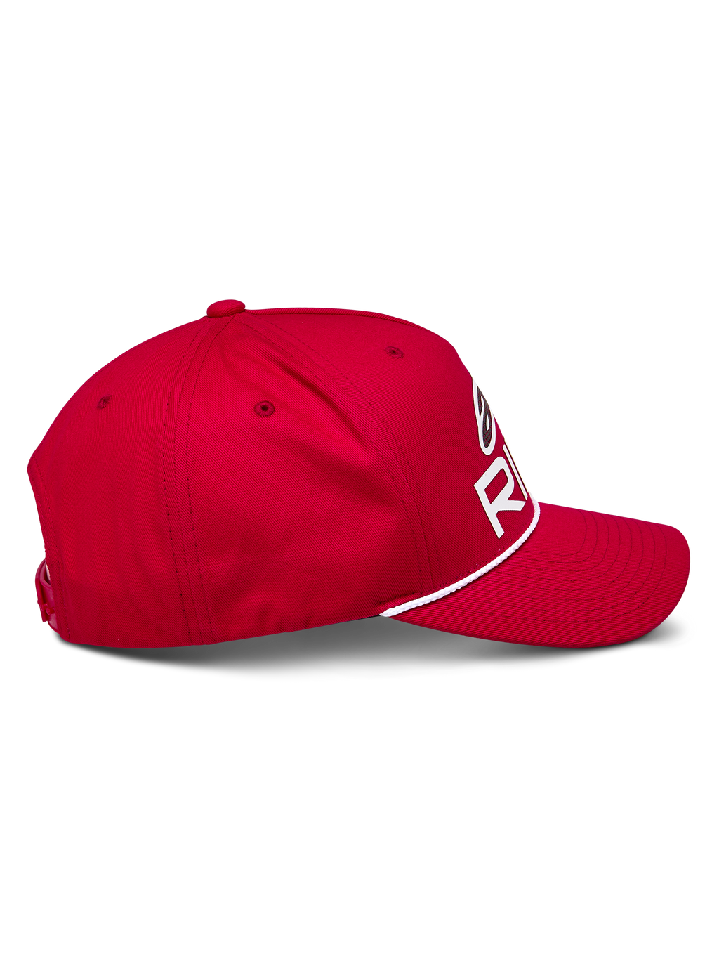 Cappello Snapback Alpinestars Ride Comp, rosso, vista laterale di profilo, visiera curva con rifinitura in corda intrecciata bianca, corona strutturata con logo Astars Ride bianco, copricapo casual da motorsport