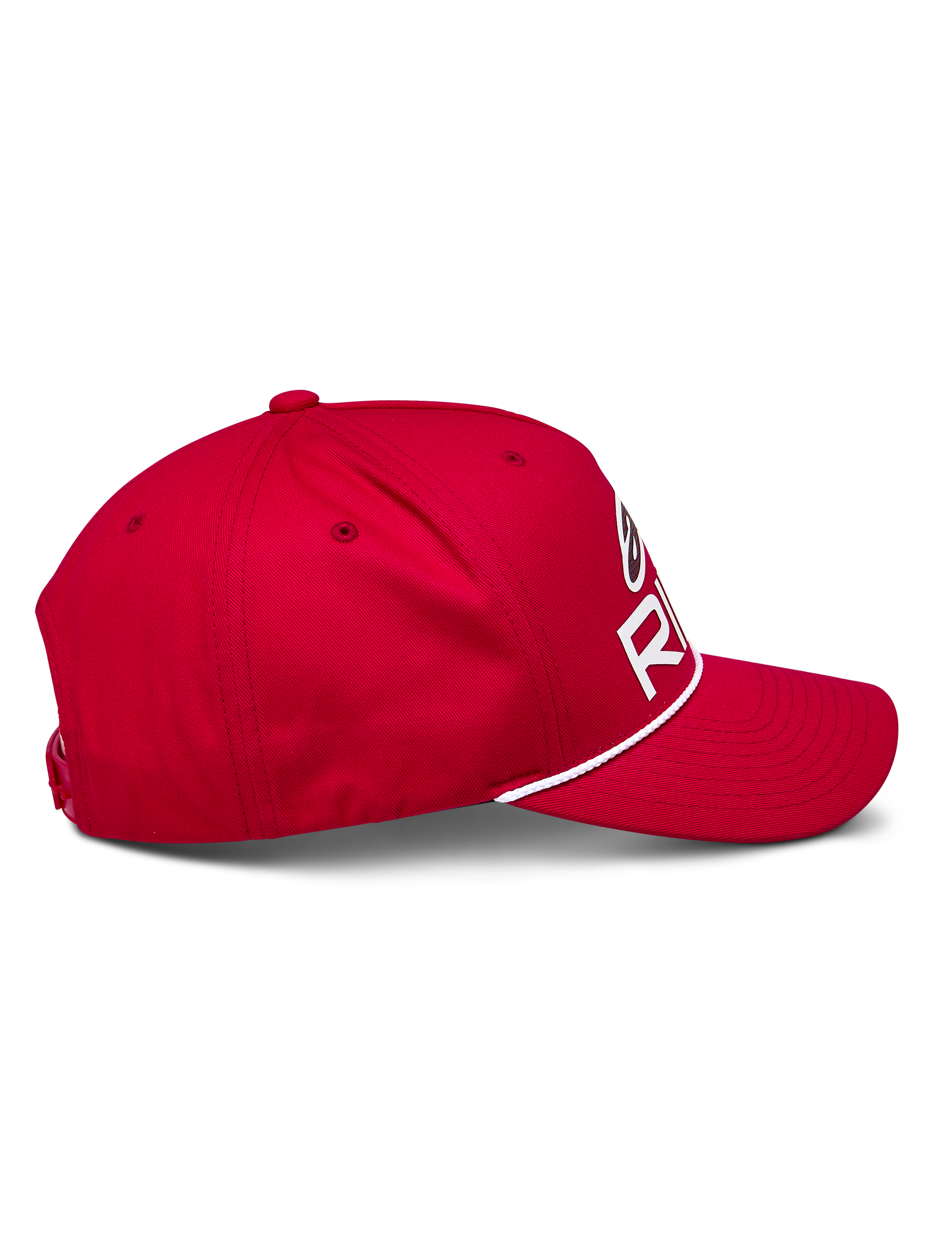 Cappello Snapback Alpinestars Ride Comp, rosso, vista laterale di profilo, visiera curva con rifinitura in corda intrecciata bianca, corona strutturata con logo Astars Ride bianco, copricapo casual da motorsport