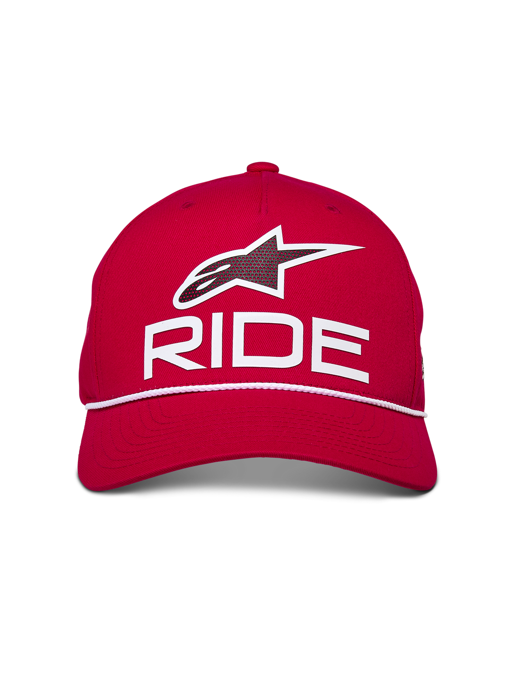 Cappello Snapback Alpinestars Ride Comp, rosso con bianco e nero, logo Astars Ride 3D e rifinitura con corda intrecciata bianca, corona strutturata con visiera curva, copricapo casual ispirato al motorsport