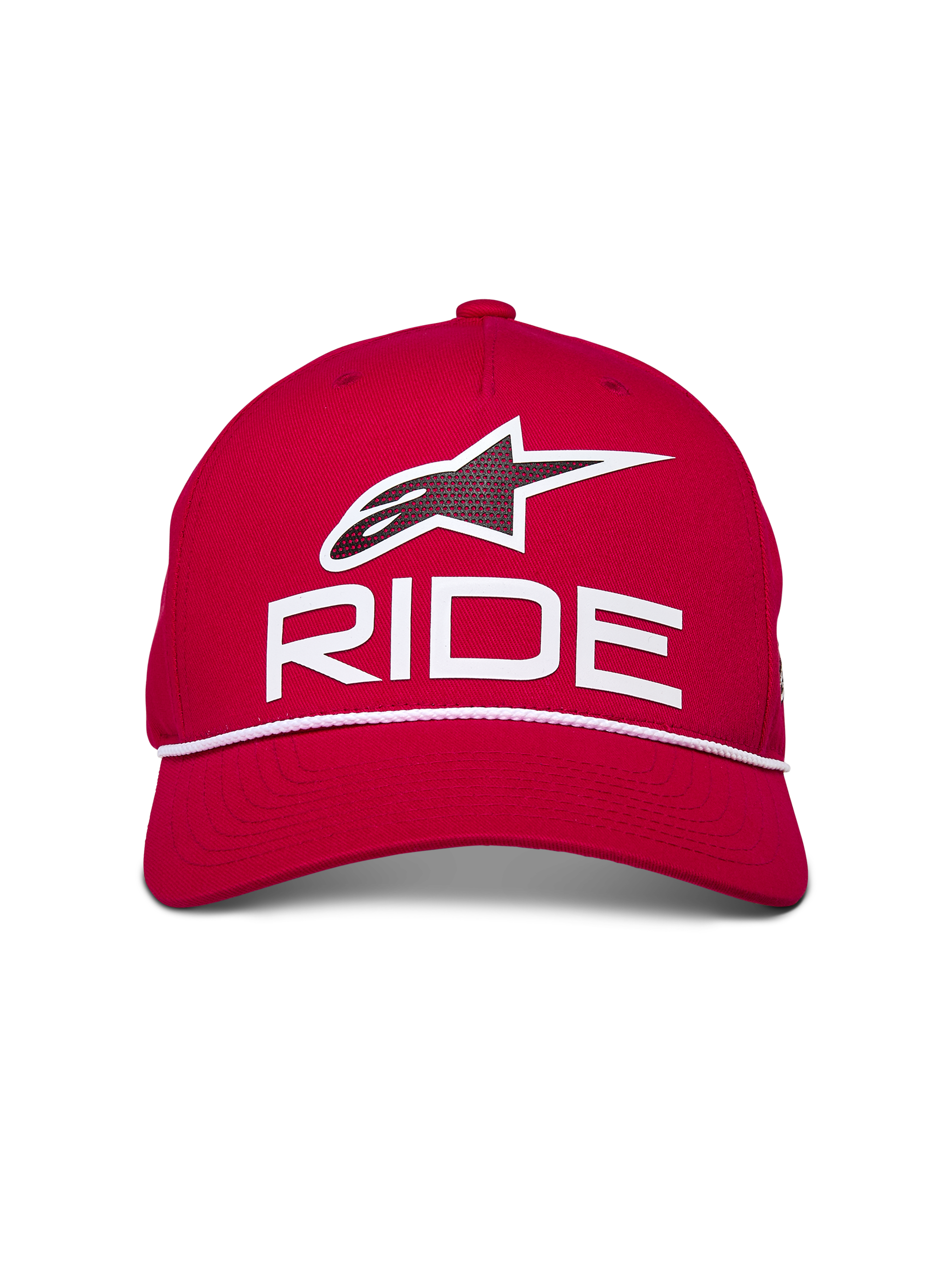 Cappello Snapback Alpinestars Ride Comp, rosso con bianco e nero, logo Astars Ride 3D e rifinitura con corda intrecciata bianca, corona strutturata con visiera curva, copricapo casual ispirato al motorsport
