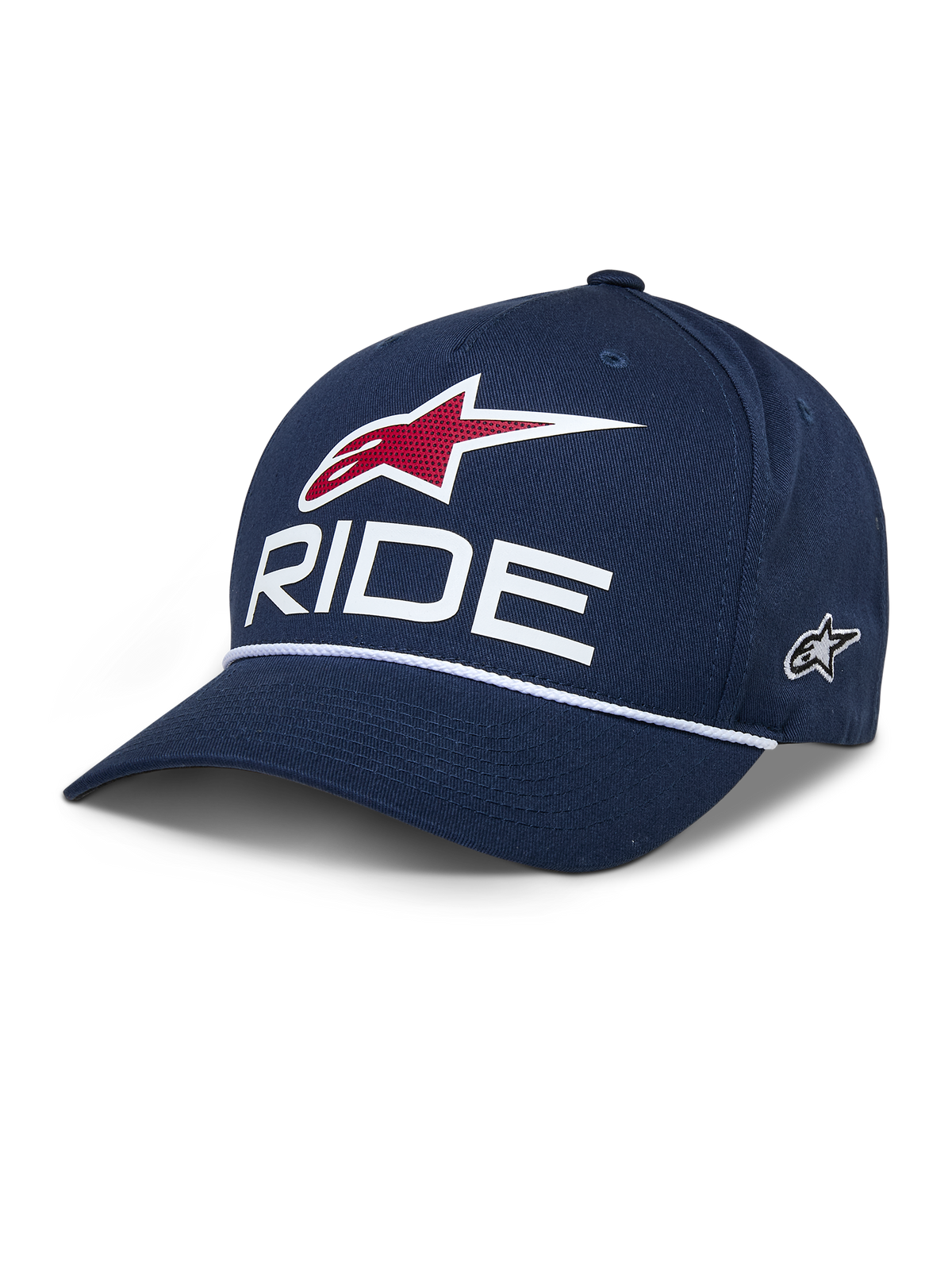 Alpinestars Ride Comp Snapback Hat, cappellino da baseball blu navy, logo con stella rossa e scritta RIDE bianca, visiera curva con corda intrecciata bianca, copricapo casual motorsport