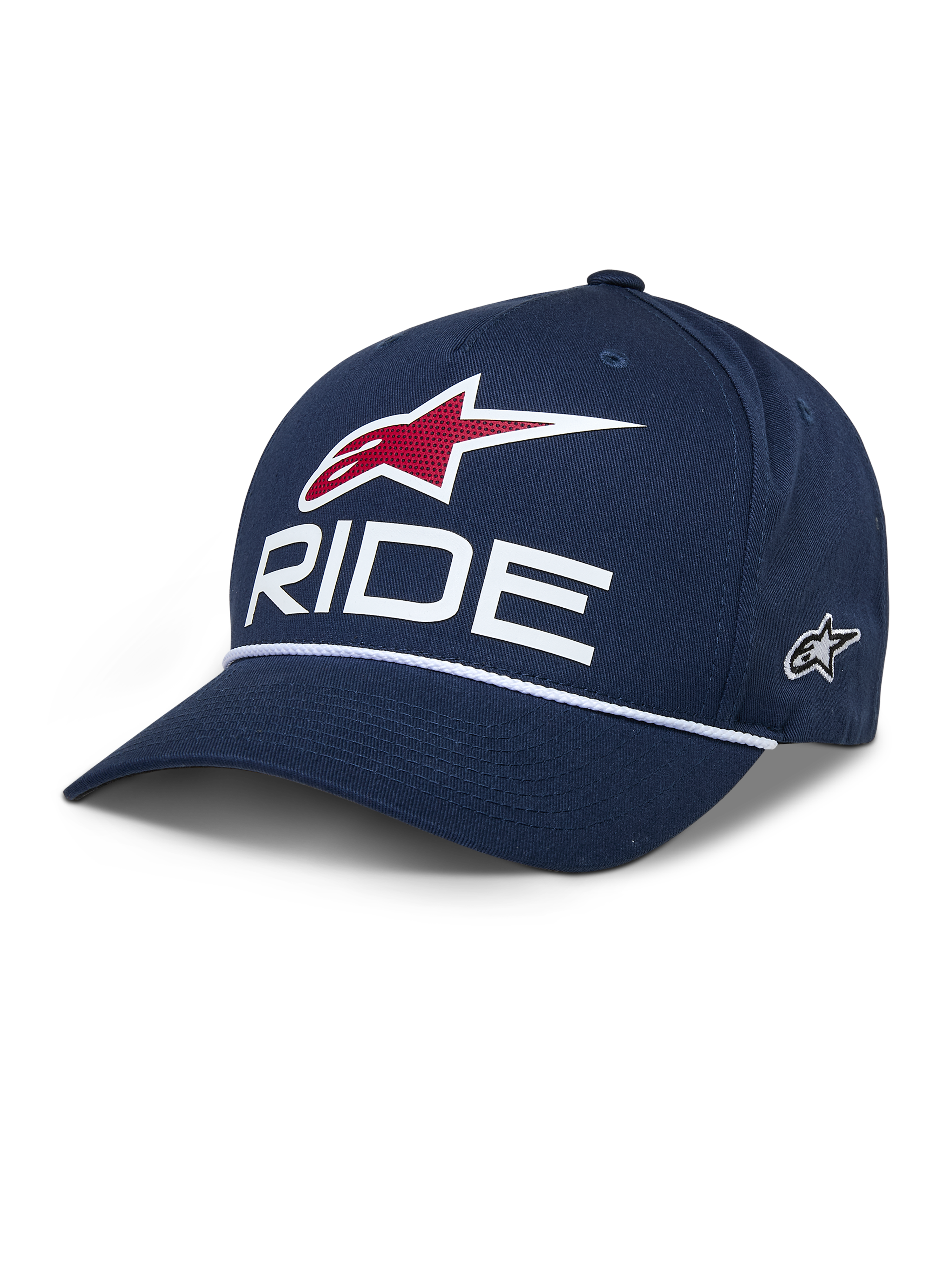 Alpinestars Ride Comp Snapback Hat, cappellino da baseball blu navy, logo con stella rossa e scritta RIDE bianca, visiera curva con corda intrecciata bianca, copricapo casual motorsport