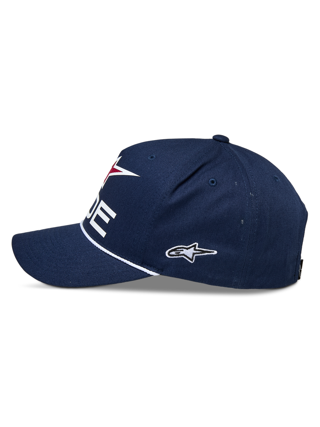 Cappello Alpinestars Ride Comp Snapback, blu navy, bianco e rosso, vista laterale, corona strutturata con visiera curva, rifinitura con corda intrecciata bianca, logo laterale ricamato, copricapo casual motorsport
