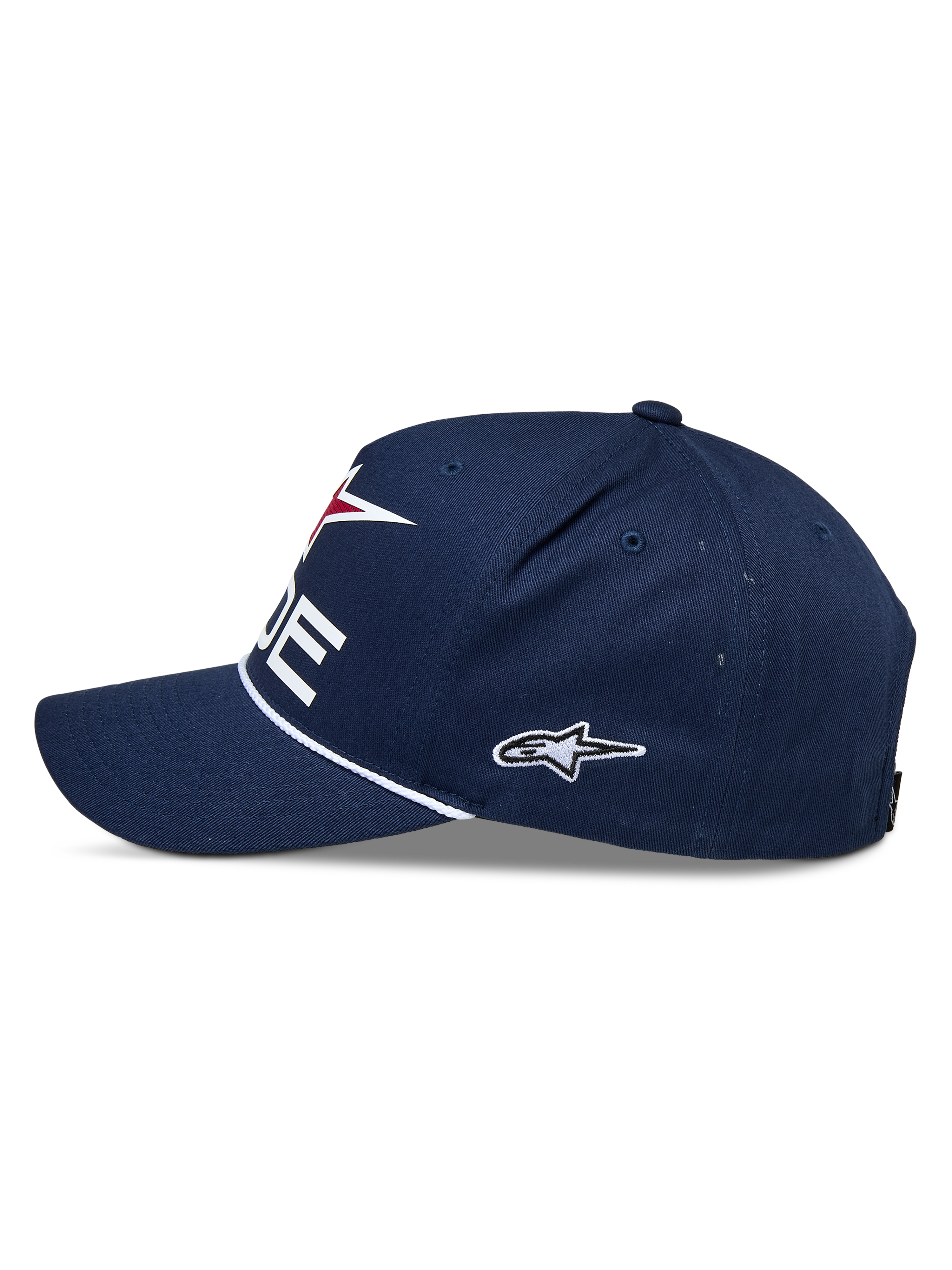 Cappello Alpinestars Ride Comp Snapback, blu navy, bianco e rosso, vista laterale, corona strutturata con visiera curva, rifinitura con corda intrecciata bianca, logo laterale ricamato, copricapo casual motorsport