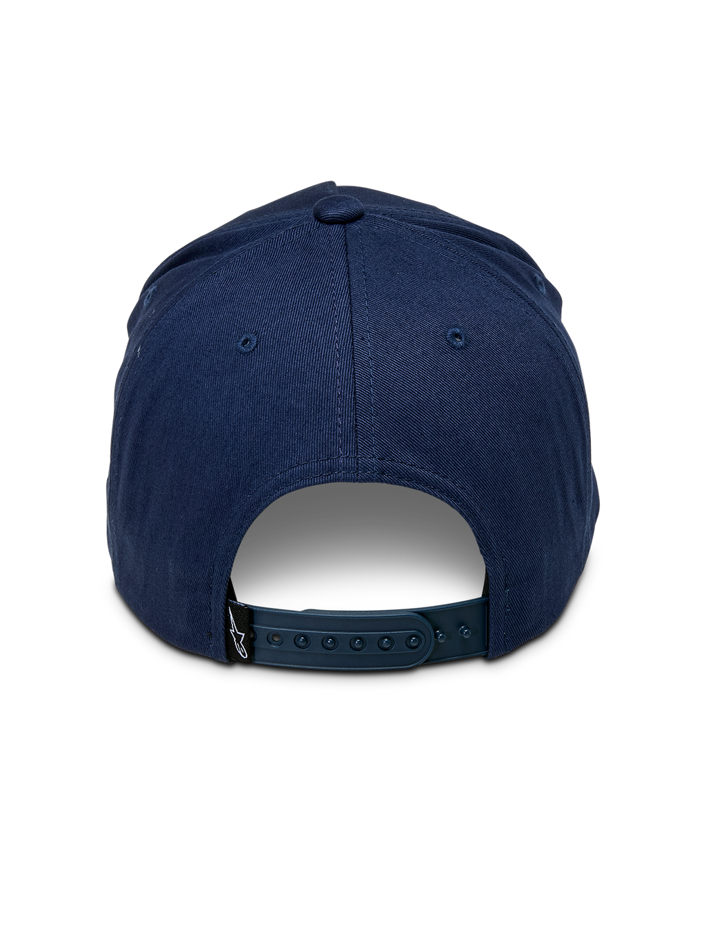 Alpinestars Cappello Ride Comp Snapback, blu navy, vista posteriore con chiusura snapback regolabile in plastica, piccola etichetta nera con logo, corona strutturata in twill di cotone, copricapo casual ispirato al motorsport