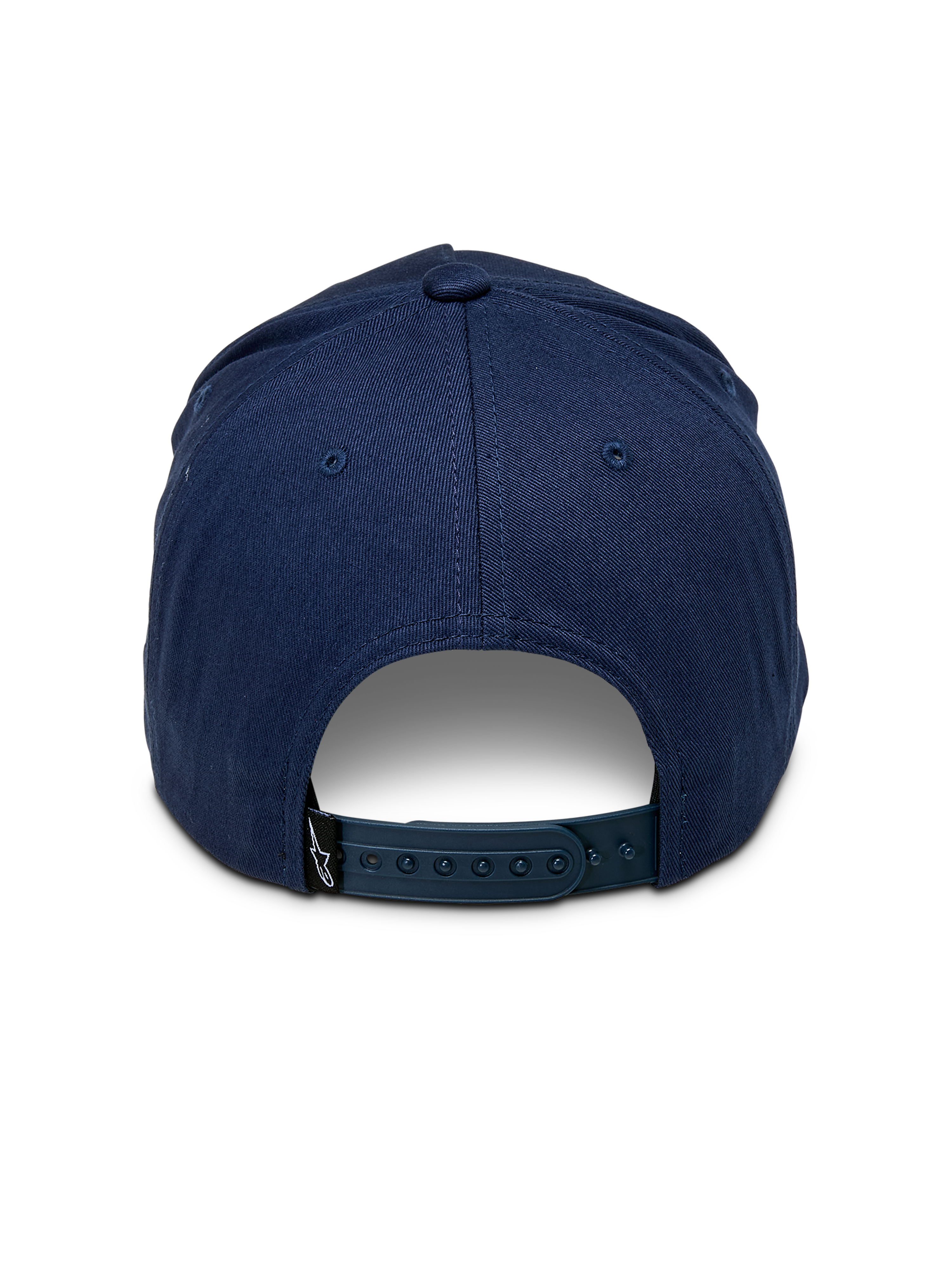 Alpinestars Cappello Ride Comp Snapback, blu navy, vista posteriore con chiusura snapback regolabile in plastica, piccola etichetta nera con logo, corona strutturata in twill di cotone, copricapo casual ispirato al motorsport