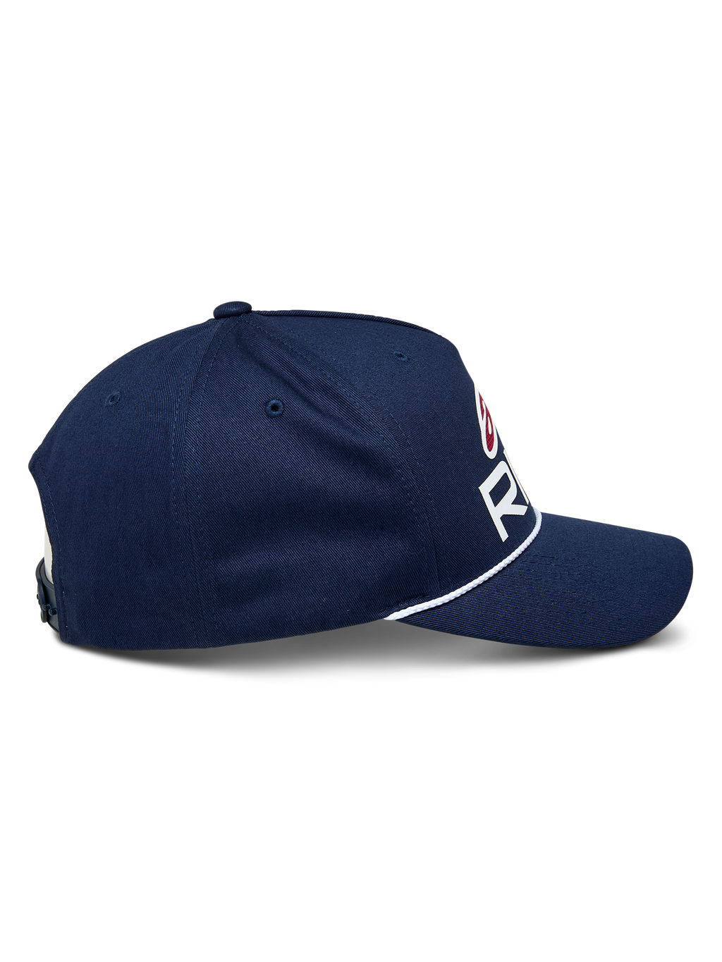 Cappello Alpinestars Ride Comp Snapback, blu navy con dettagli bianchi e rossi, vista di profilo che mostra la visiera curva e la corda intrecciata bianca, corona strutturata, copricapo casual da motorsport