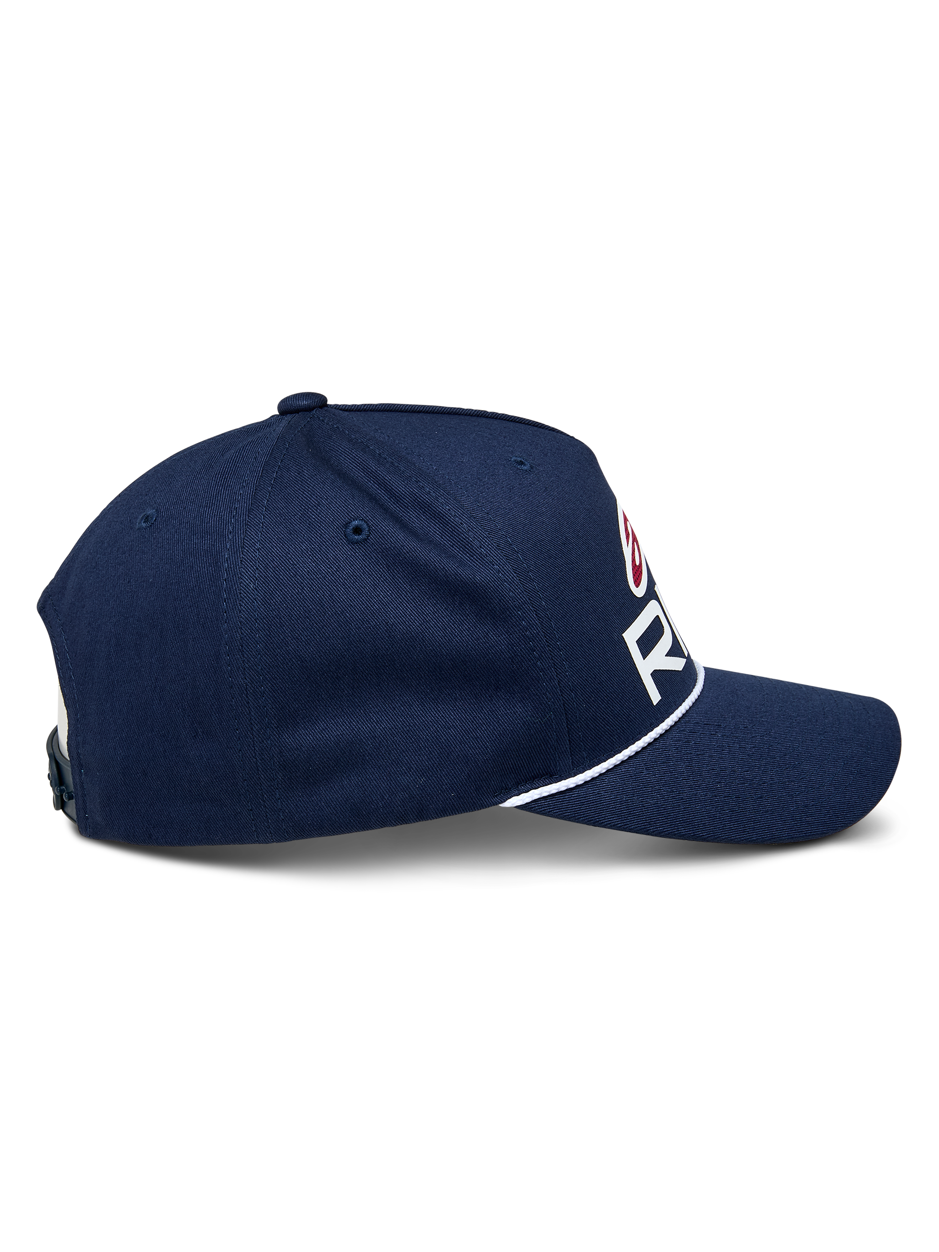 Cappello Alpinestars Ride Comp Snapback, blu navy con dettagli bianchi e rossi, vista di profilo che mostra la visiera curva e la corda intrecciata bianca, corona strutturata, copricapo casual da motorsport
