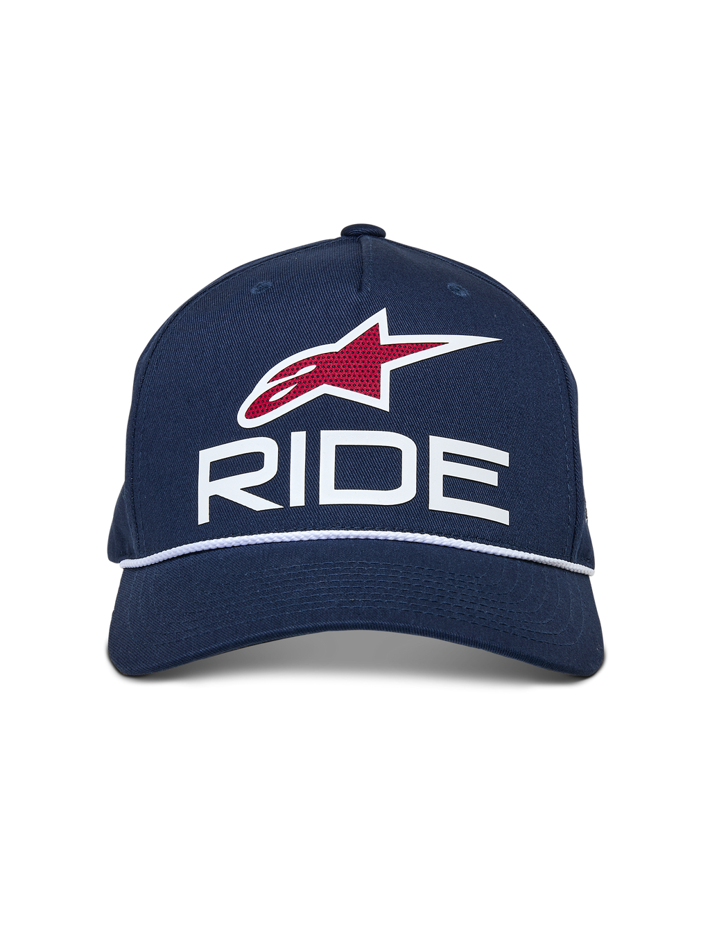 Alpinestars Ride Comp Snapback Hat, blu navy con accenti bianchi e rossi, caratterizzato da logo RIDE 3D, emblema con stella rossa e rifinitura con corda intrecciata bianca, visiera curva, copricapo casual da motorsport