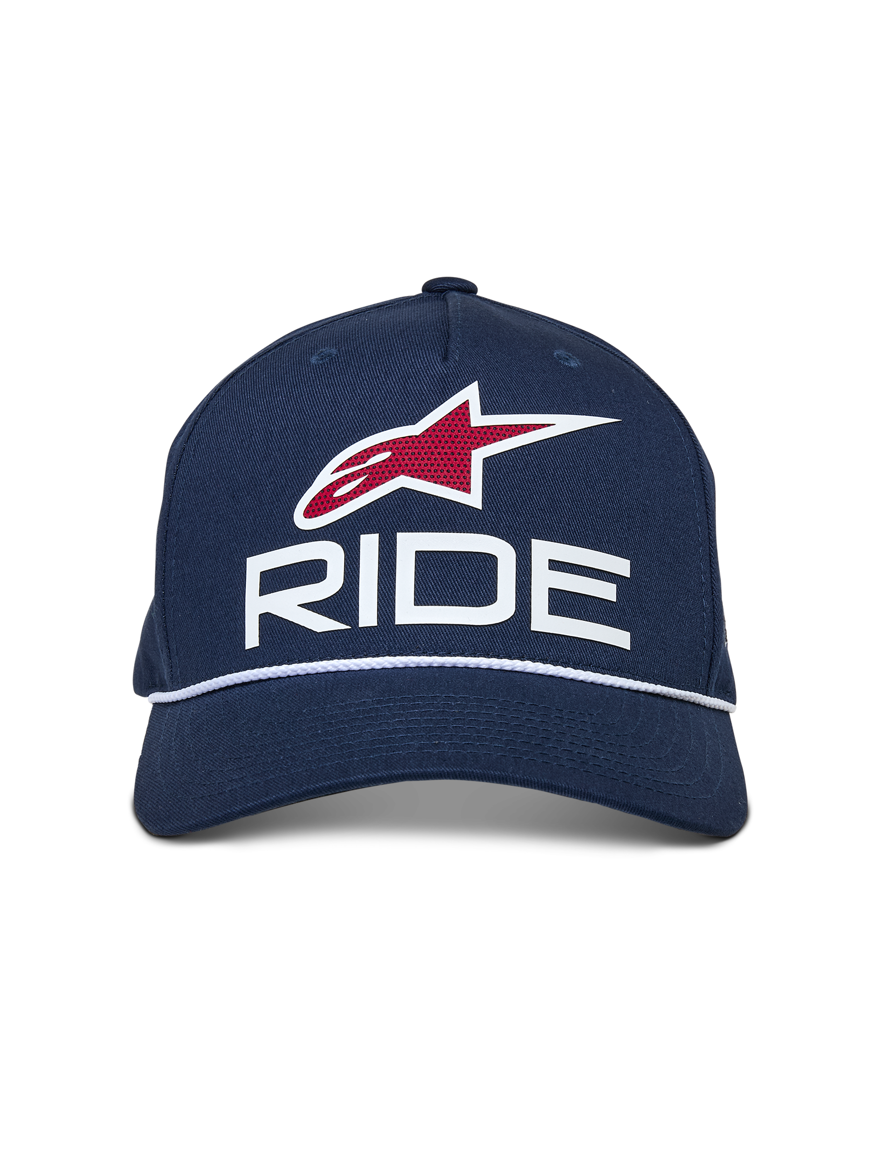 Alpinestars Ride Comp Snapback Hat, blu navy con accenti bianchi e rossi, caratterizzato da logo RIDE 3D, emblema con stella rossa e rifinitura con corda intrecciata bianca, visiera curva, copricapo casual da motorsport