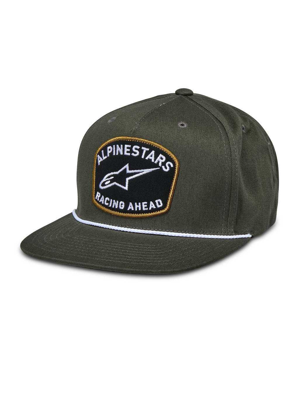 Alpinestars Promptus Snapback Hat, verde militare, visiera piatta con dettaglio corda bianca intrecciata, patch ricamata nera con bordo oro, logo bianco ALPINESTARS RACING AHEAD, copricapo casual lifestyle motorsport