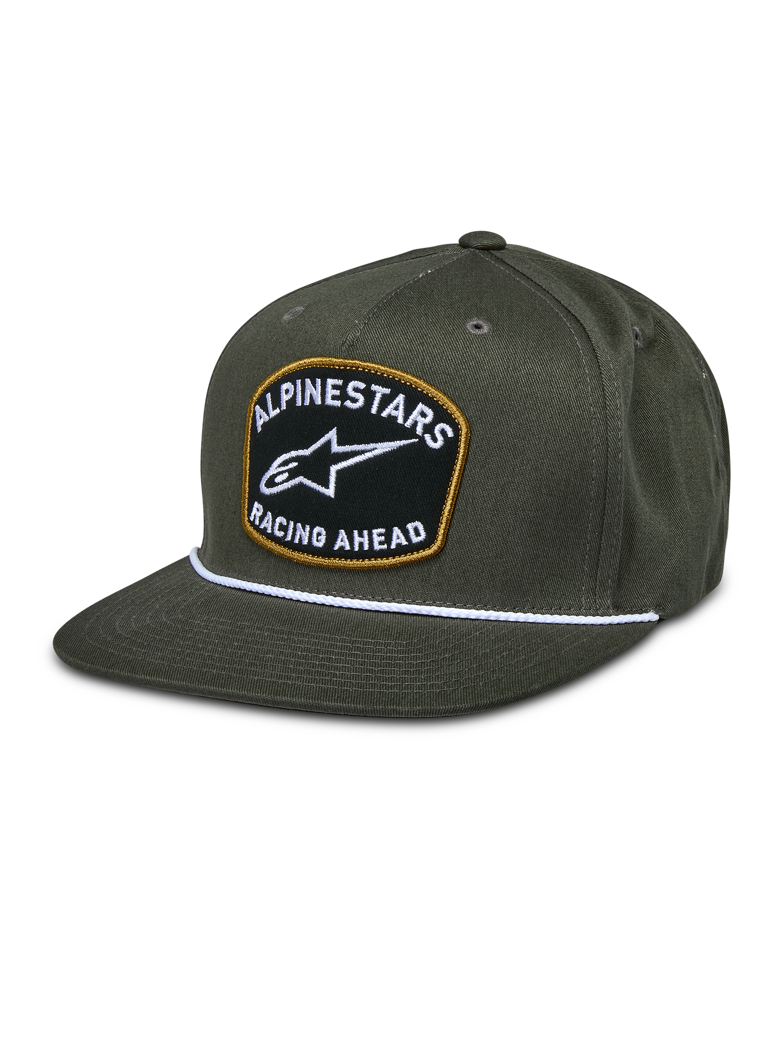 Alpinestars Promptus Snapback Hat, verde militare, visiera piatta con dettaglio corda bianca intrecciata, patch ricamata nera con bordo oro, logo bianco ALPINESTARS RACING AHEAD, copricapo casual lifestyle motorsport