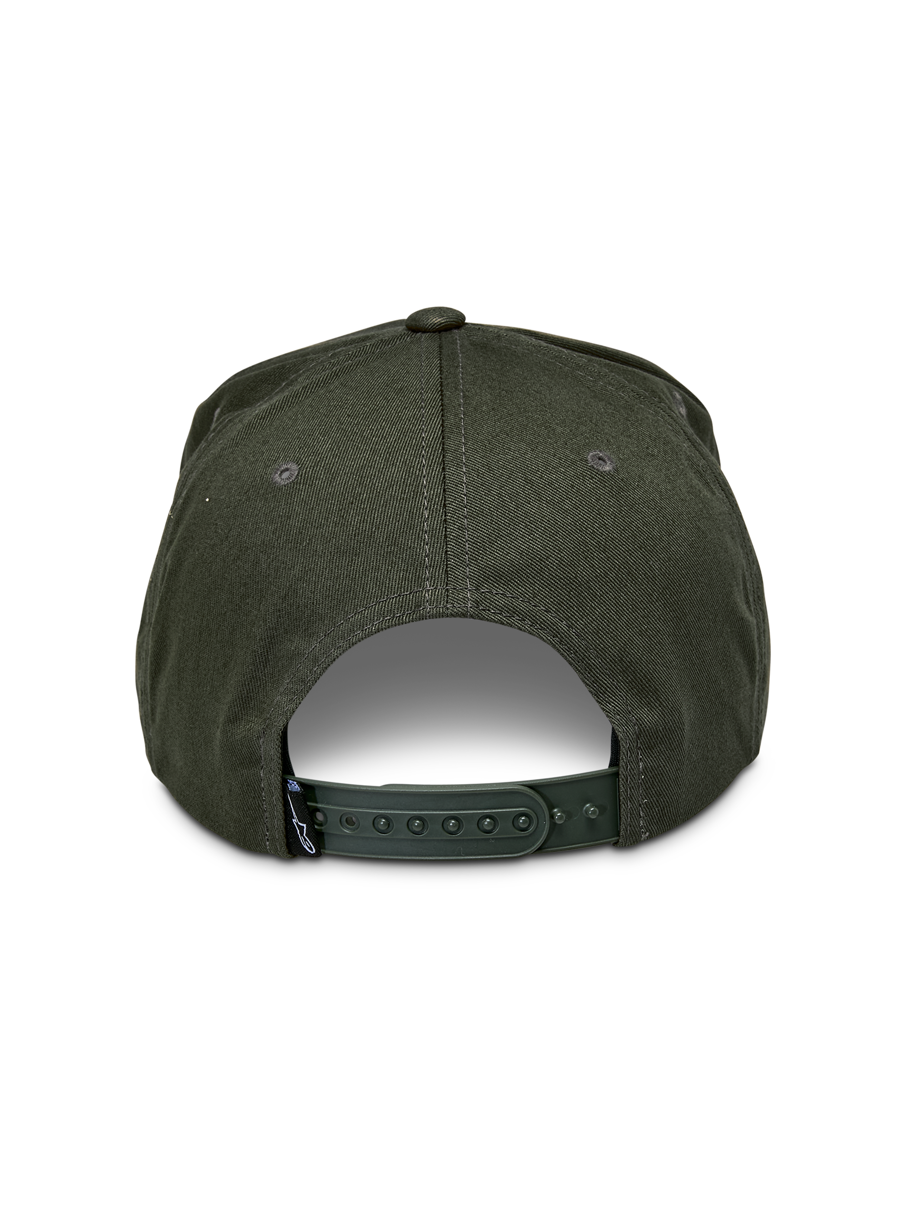 Cappello Snapback Alpinestars Promptus, verde militare, vista posteriore con chiusura snapback regolabile e tessuto twill di cotone, piccola etichetta nera del marchio, copricapo casual ispirato al motorsport