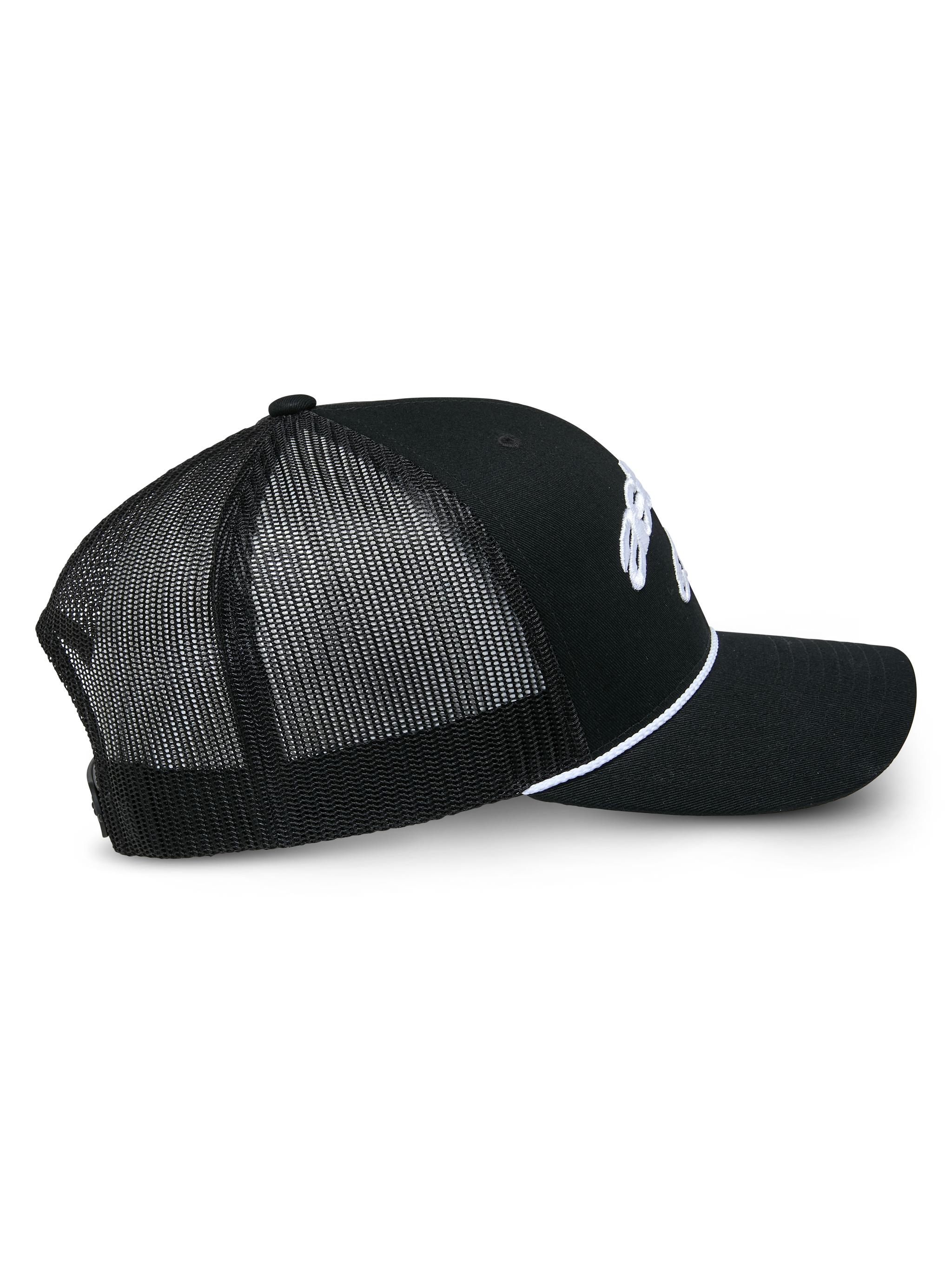 Cappello Alpinestars Agree Trucker, nero, vista laterale con retro in rete nera e pannelli frontali in twill, dettaglio corda intrecciata bianca, visiera curva, streetwear casual motorsport