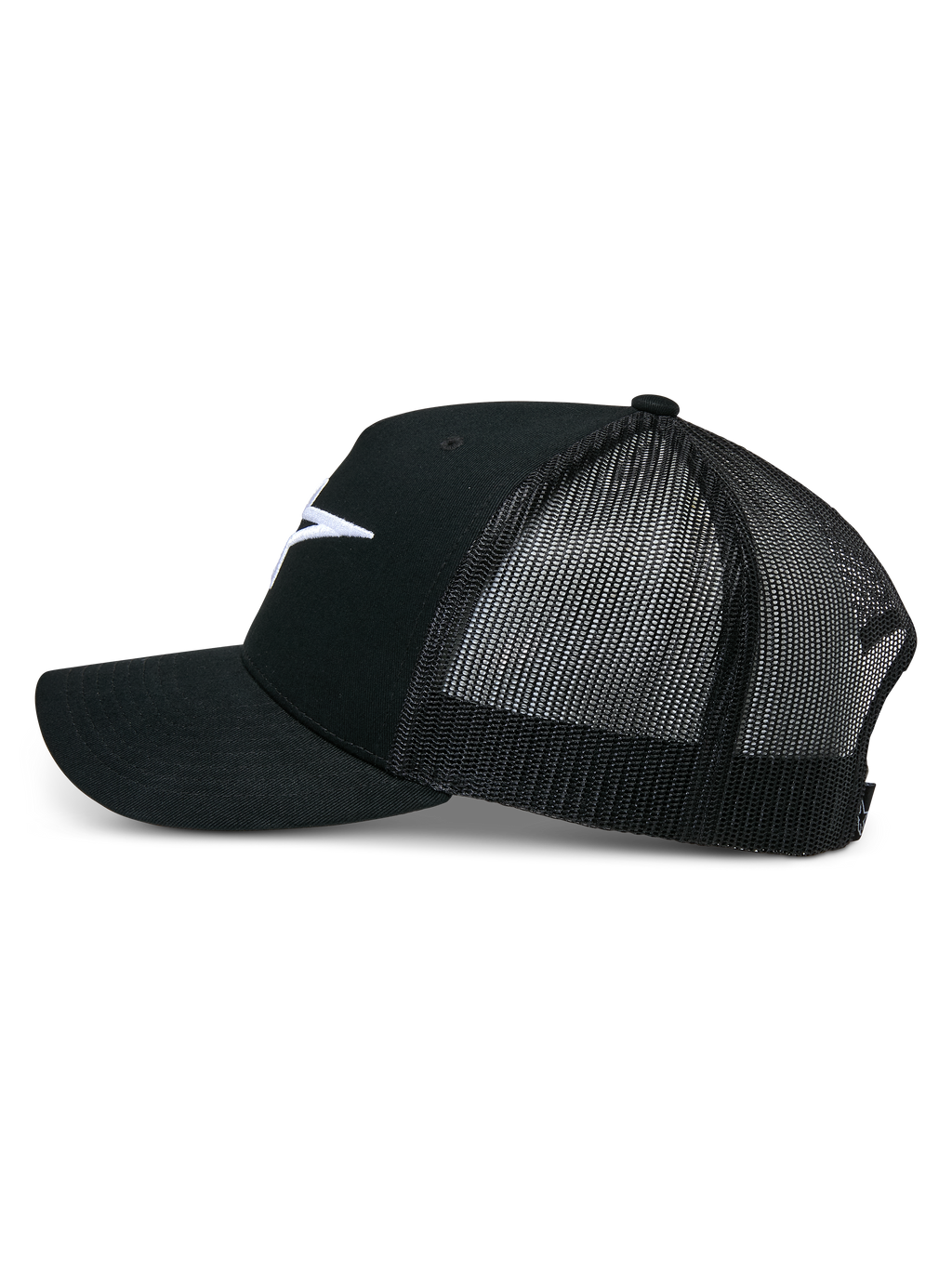 Alpinestars Cappello Trucker Ageless, nero, vista laterale di profilo, parte anteriore in twill di cotone strutturato con logo Astars ricamato bianco, retro in rete nera traspirante, visiera curva, accessorio casual motorsport
